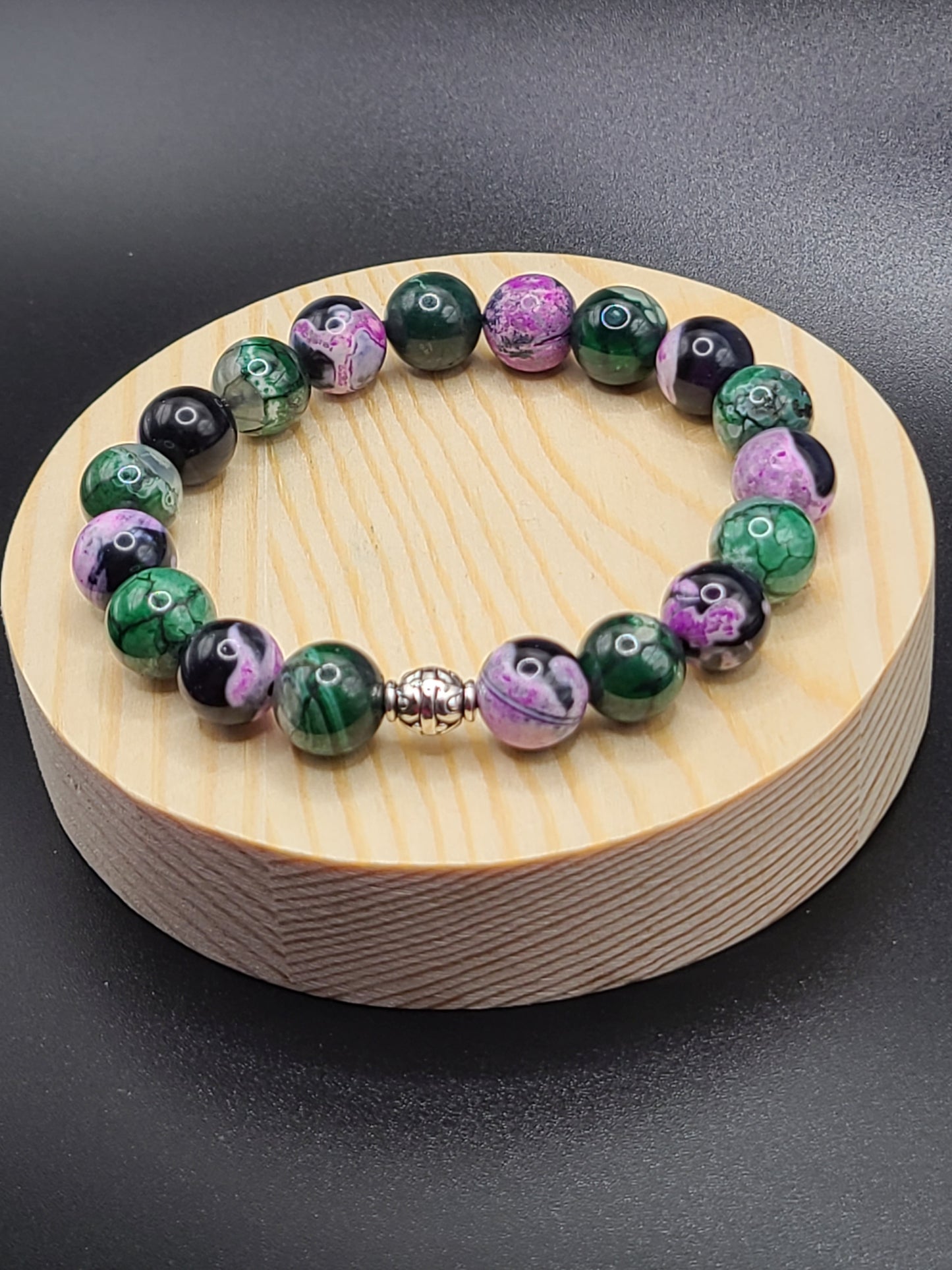 Pink Zebra and Green Dragon Agate 10mm Natural Gemstone Beaded Bracelet with Spacer