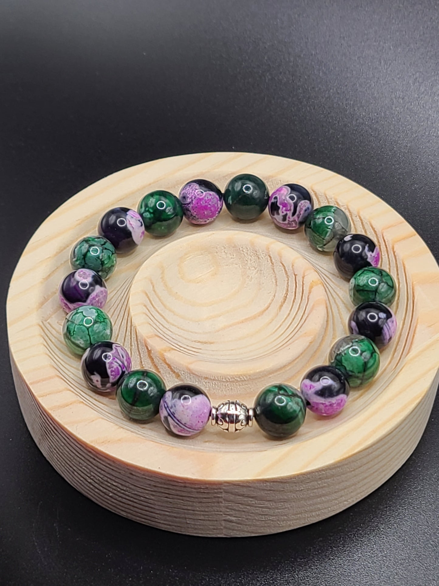 Pink Zebra and Green Dragon Agate 10mm Natural Gemstone Beaded Bracelet with Spacer