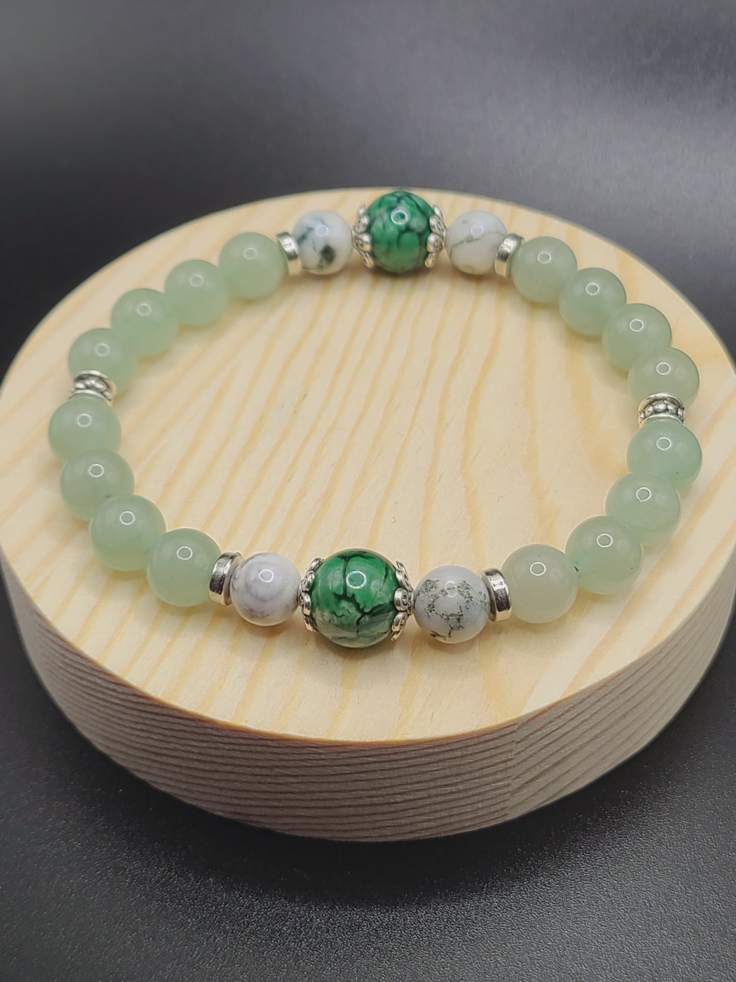 Natural Gemstone Beaded Bracelet-Green Aventurine, Moss Agate and Green Dragon Agate.