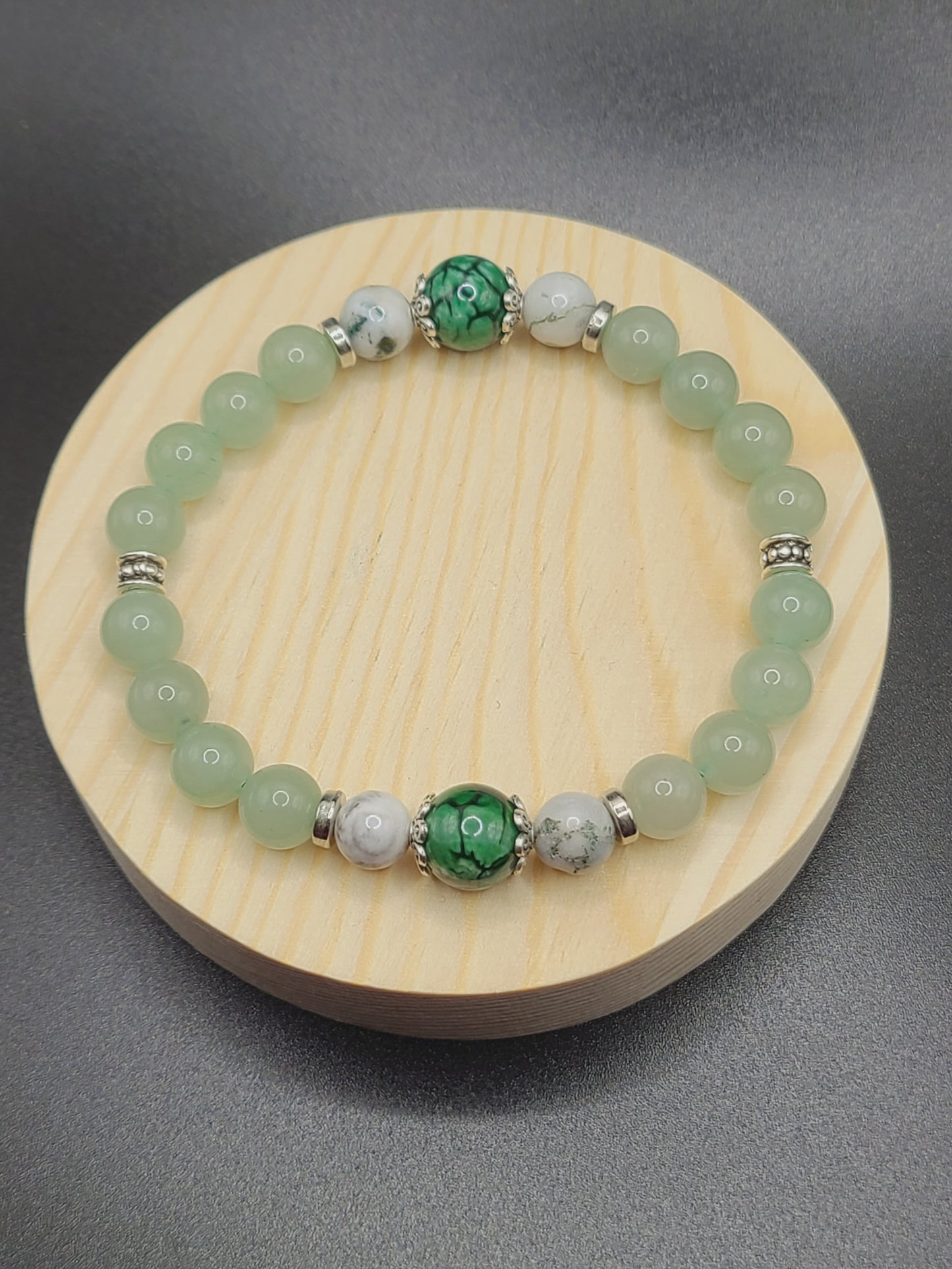 Natural Gemstone Beaded Bracelet-Green Aventurine, Moss Agate and Green Dragon Agate.