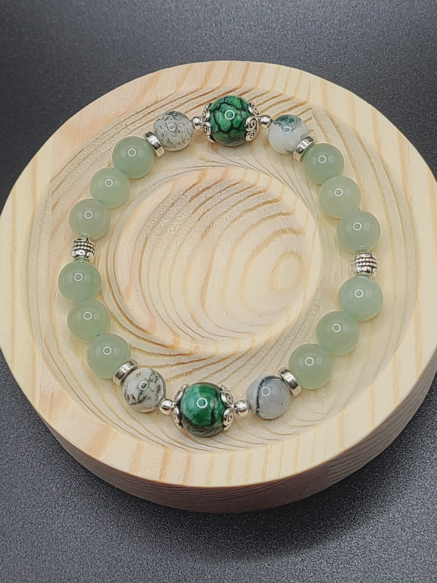 Natural Gemstone Beaded Bracelet-Green Aventurine, Moss Agate and Green Dragon Agate.