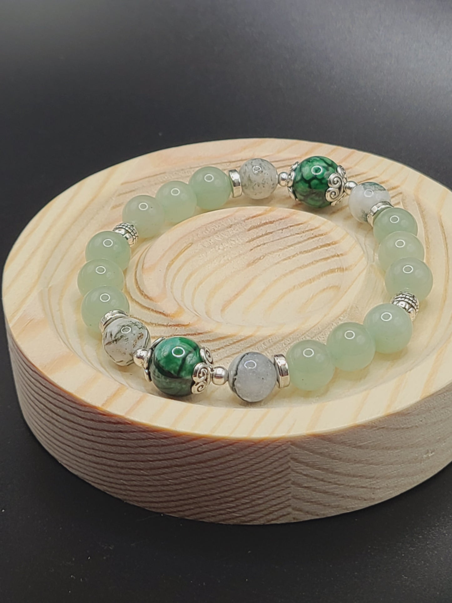 Natural Gemstone Beaded Bracelet-Green Aventurine, Moss Agate and Green Dragon Agate.