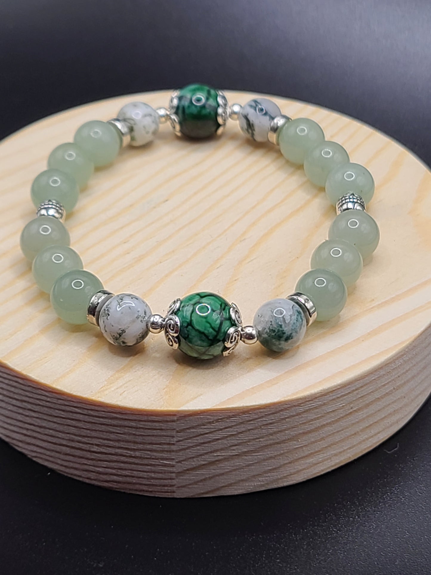 Natural Gemstone Beaded Bracelet-Green Aventurine, Moss Agate and Green Dragon Agate.