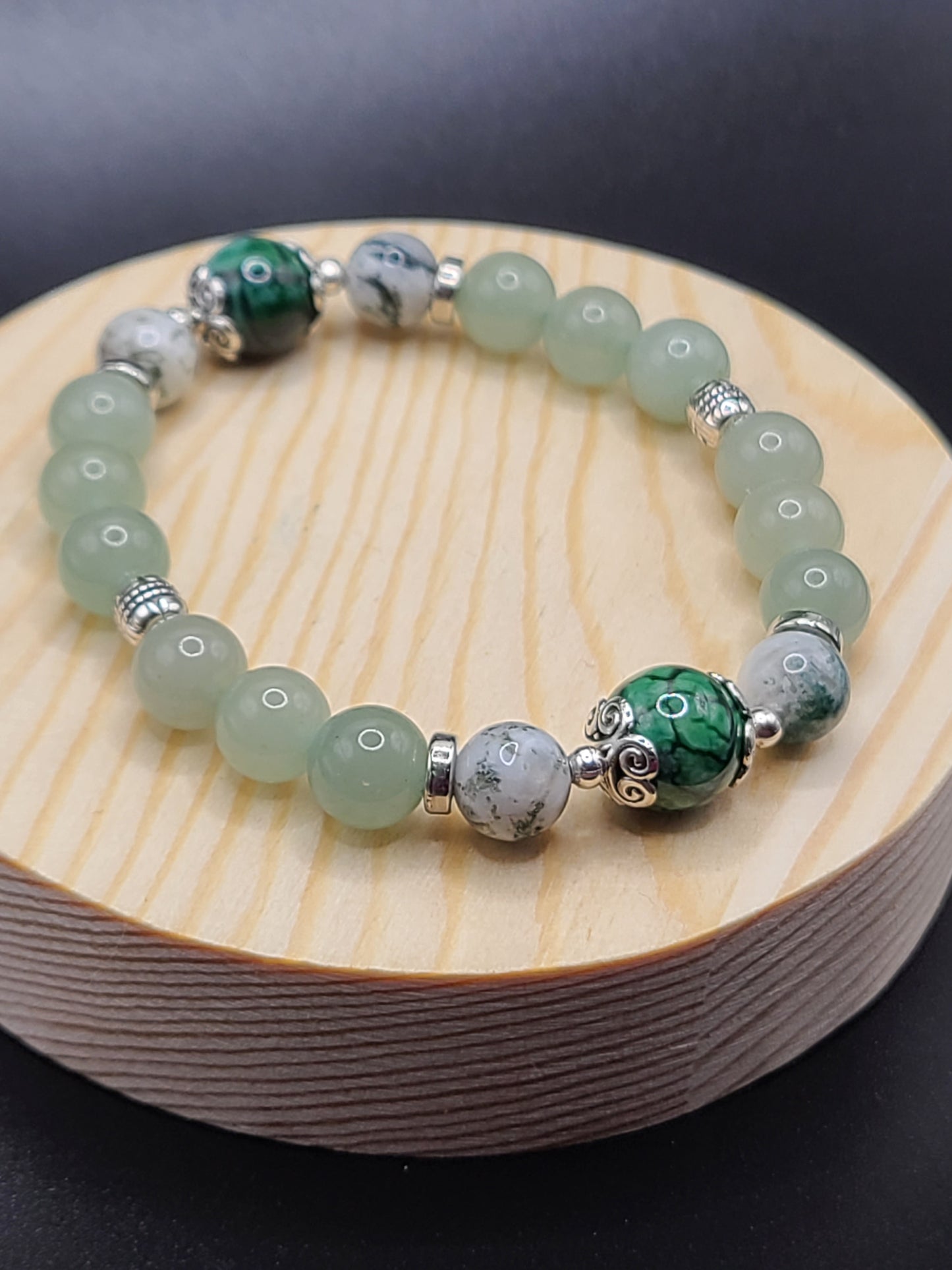 Natural Gemstone Beaded Bracelet-Green Aventurine, Moss Agate and Green Dragon Agate.