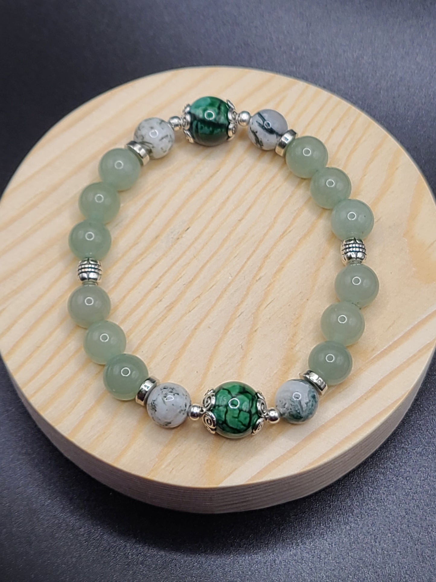 Natural Gemstone Beaded Bracelet-Green Aventurine, Moss Agate and Green Dragon Agate.