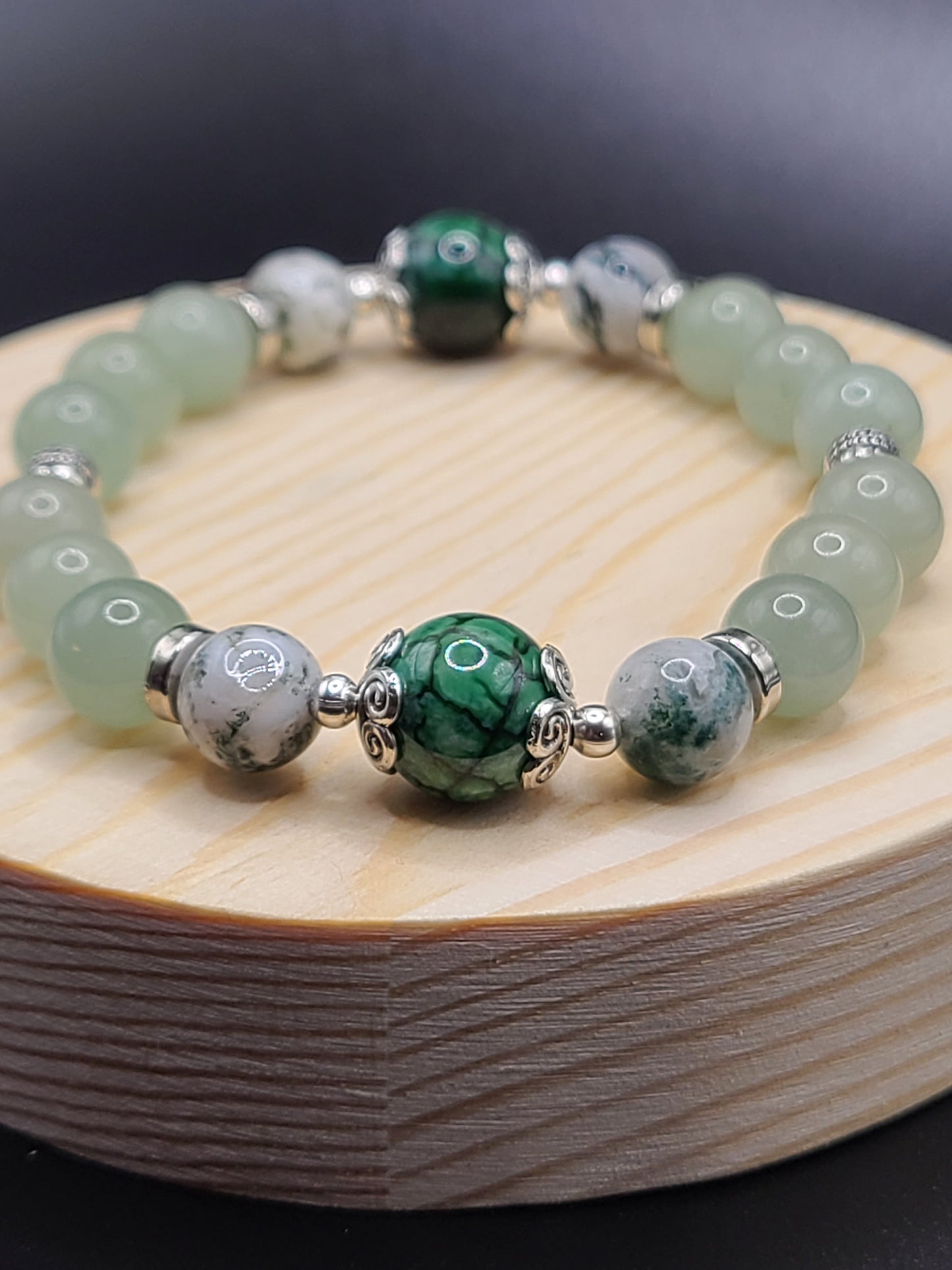 Natural Gemstone Beaded Bracelet-Green Aventurine, Moss Agate and Green Dragon Agate.