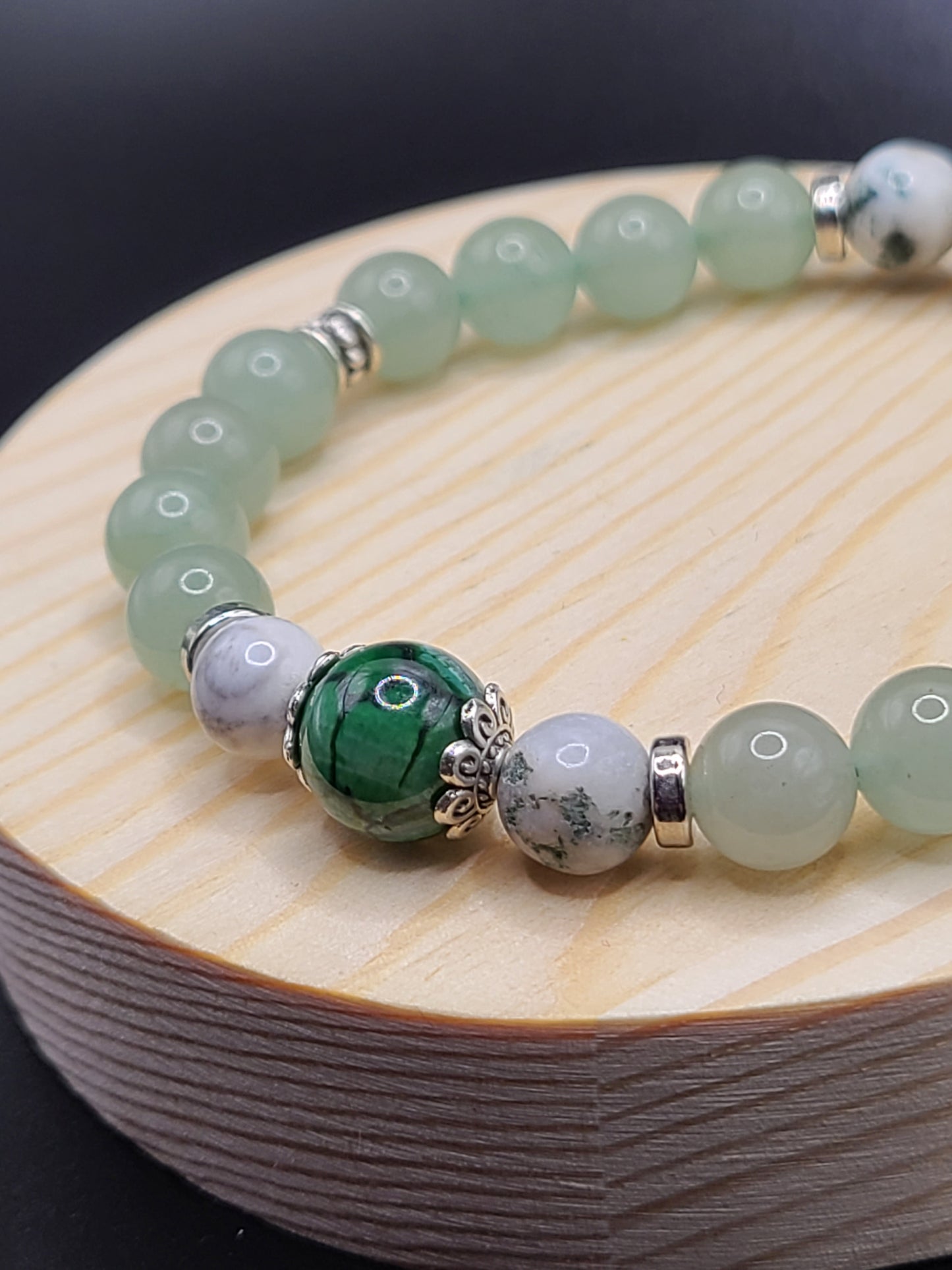 Natural Gemstone Beaded Bracelet-Green Aventurine, Moss Agate and Green Dragon Agate.