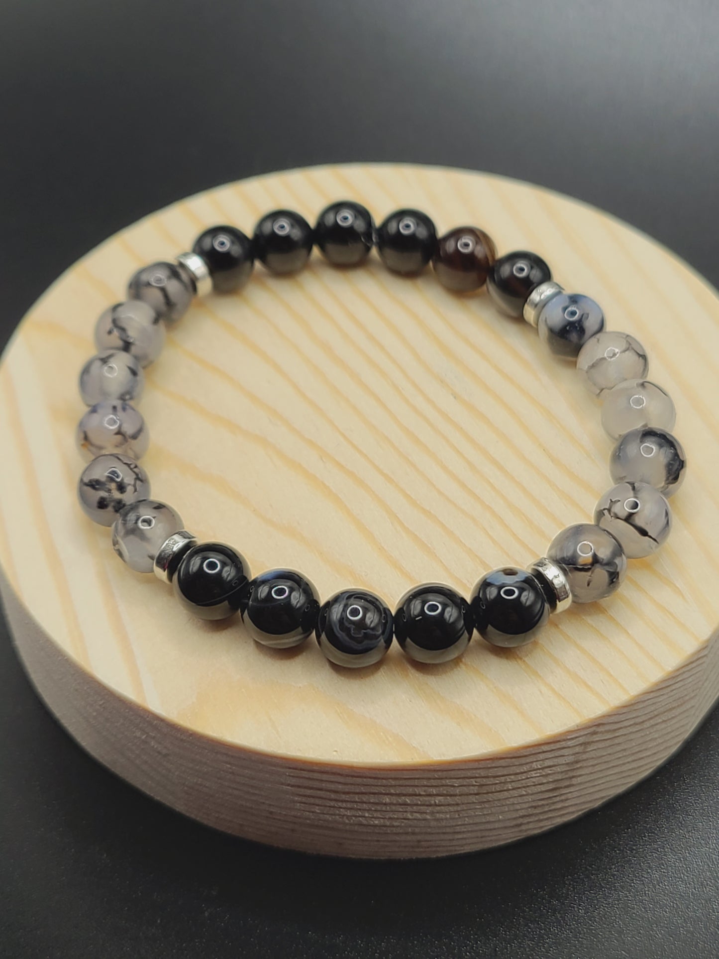 Dragon Vein Agate and Banded Onyx 8mm Natural Gemstone Beaded Bracelet with spacers