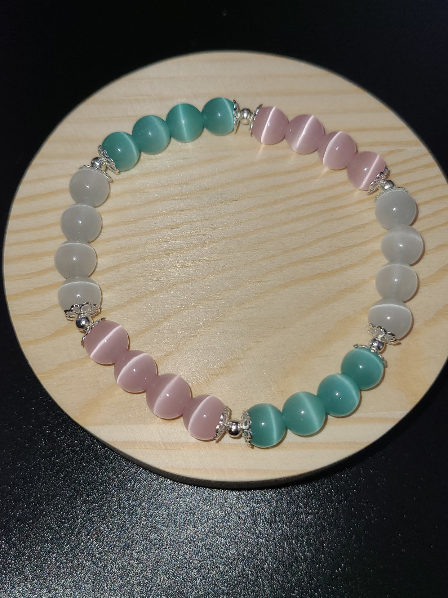 Iceberg Frost, Pink and White Cat Eye 8mm Beaded Bracelet