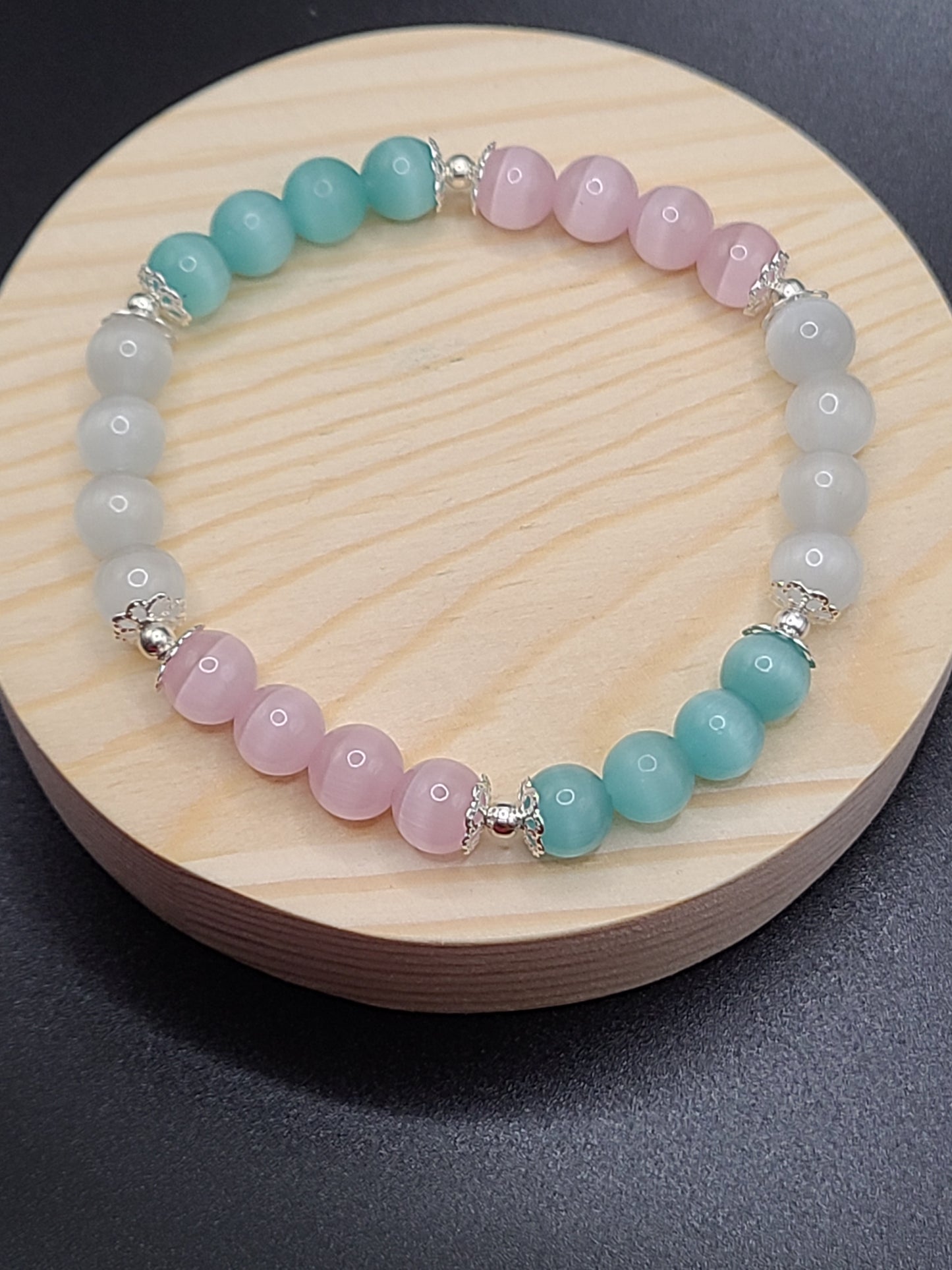 Iceberg Frost, Pink and White Cat Eye 8mm Beaded Bracelet