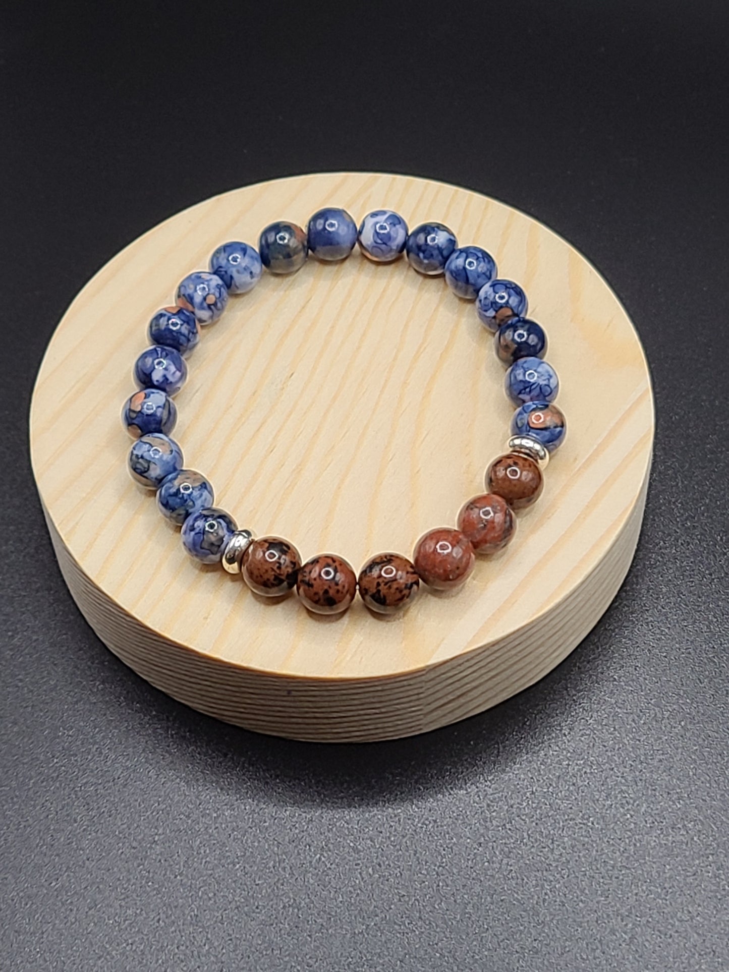 Mahogony Jasper and Blue Cherry Blossom Jade Natural Gemstone Bracelet