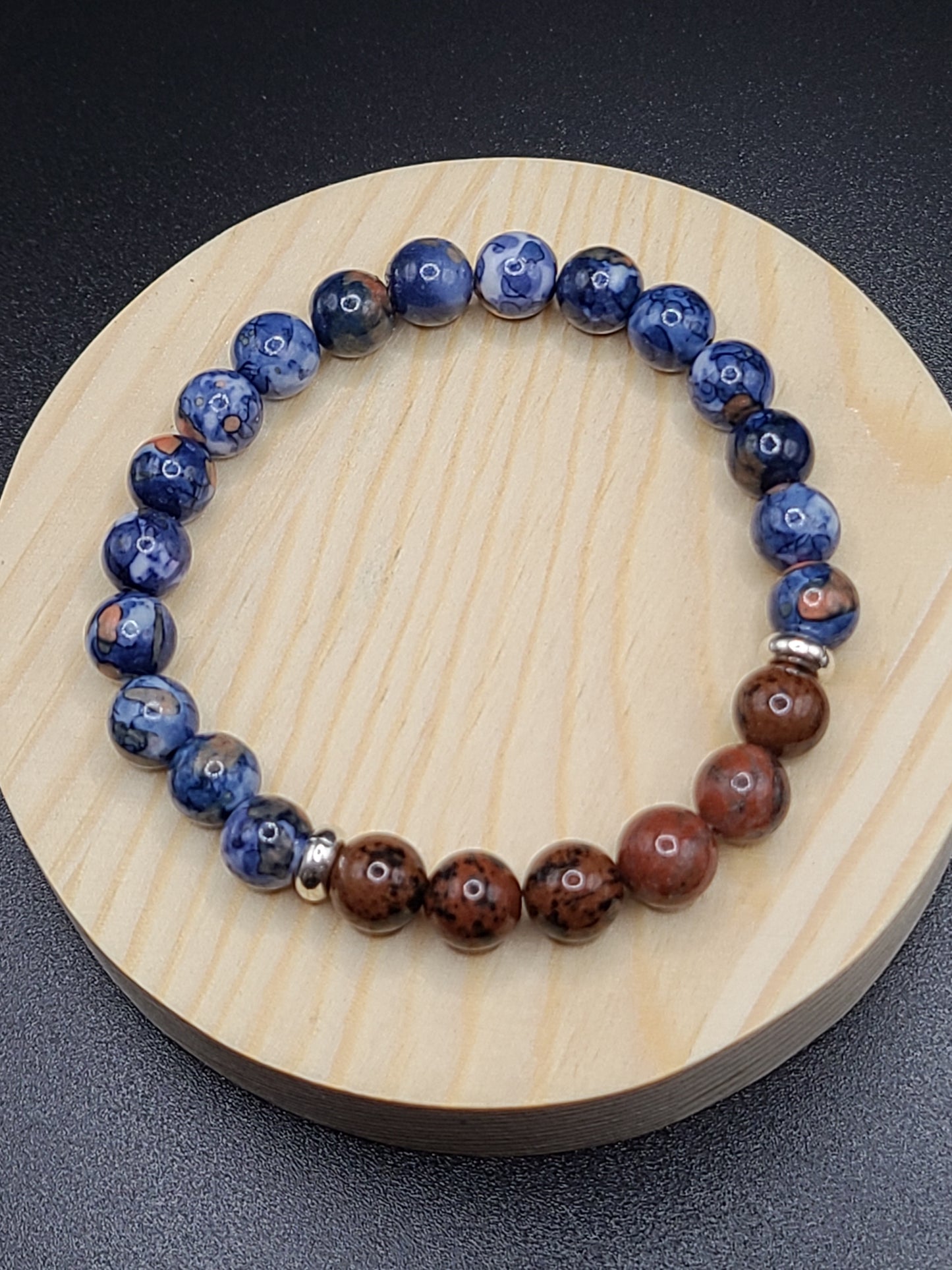 Mahogony Jasper and Blue Cherry Blossom Jade Natural Gemstone Bracelet