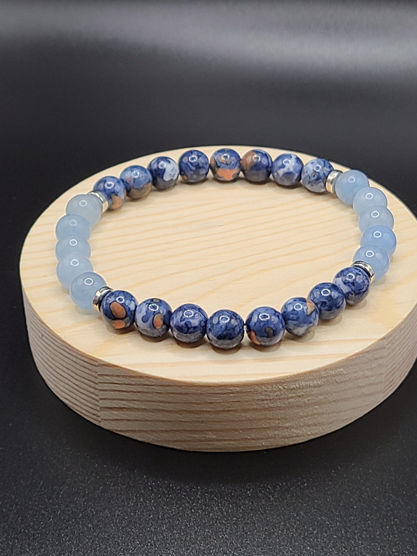 Blue Cherry Blossom Jade and Aquamarine 8mm Natural Gemstone Bracelet