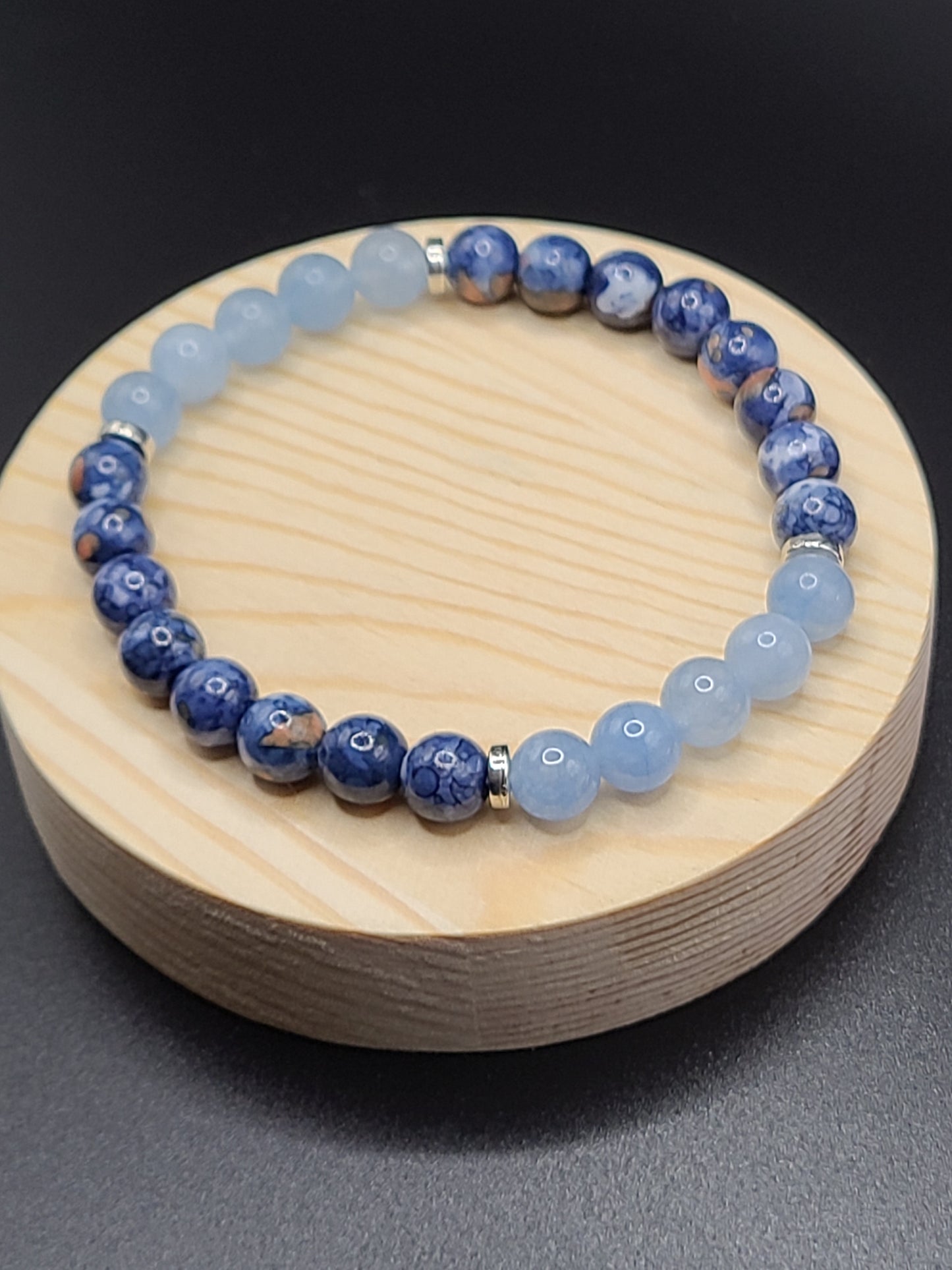 Blue Cherry Blossom Jade and Aquamarine 8mm Natural Gemstone Bracelet