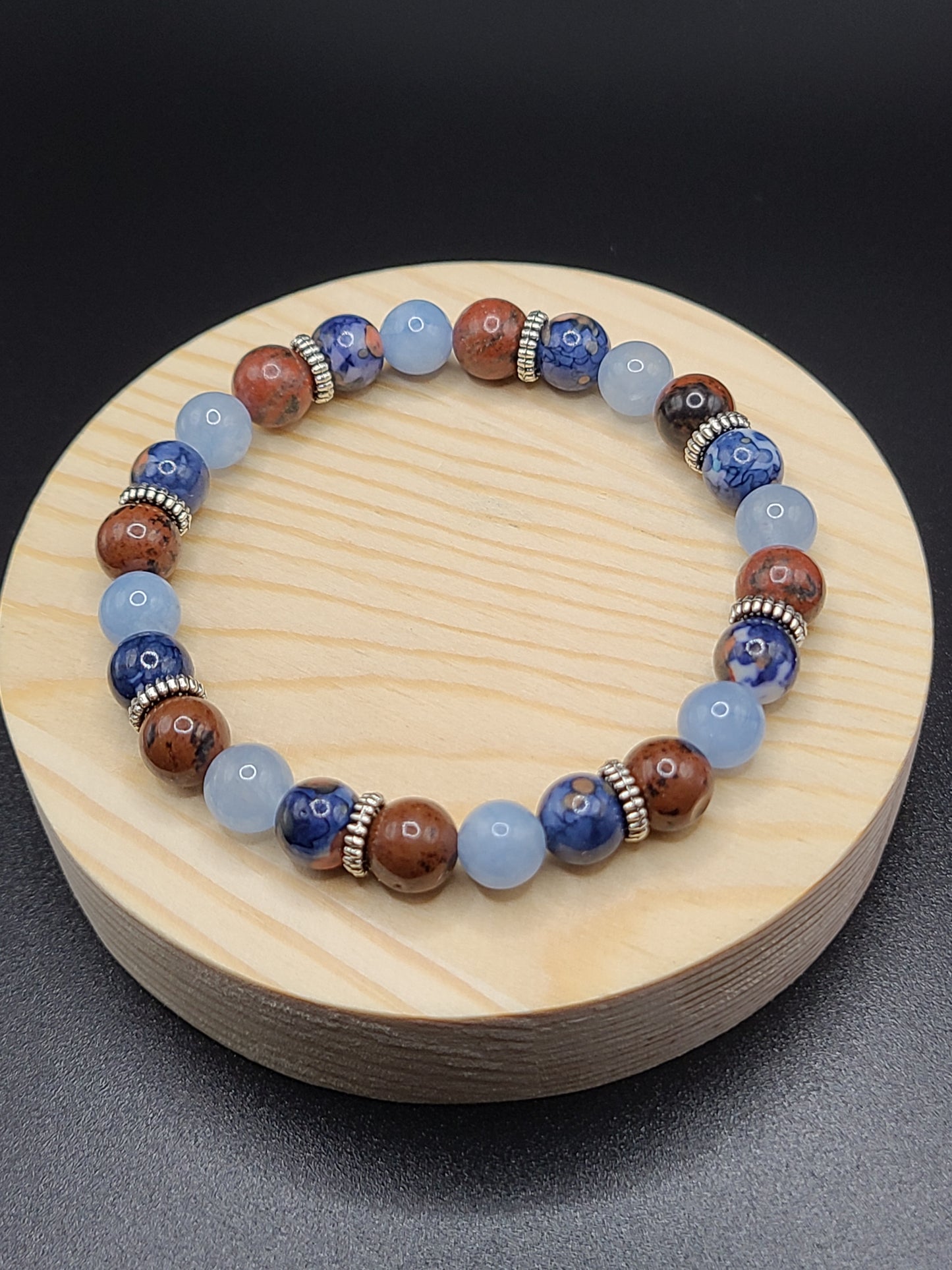 Blue Cherry Blossom Jade, Aquamarine and Mahogany Jasper Natural Gemstone Bracelet