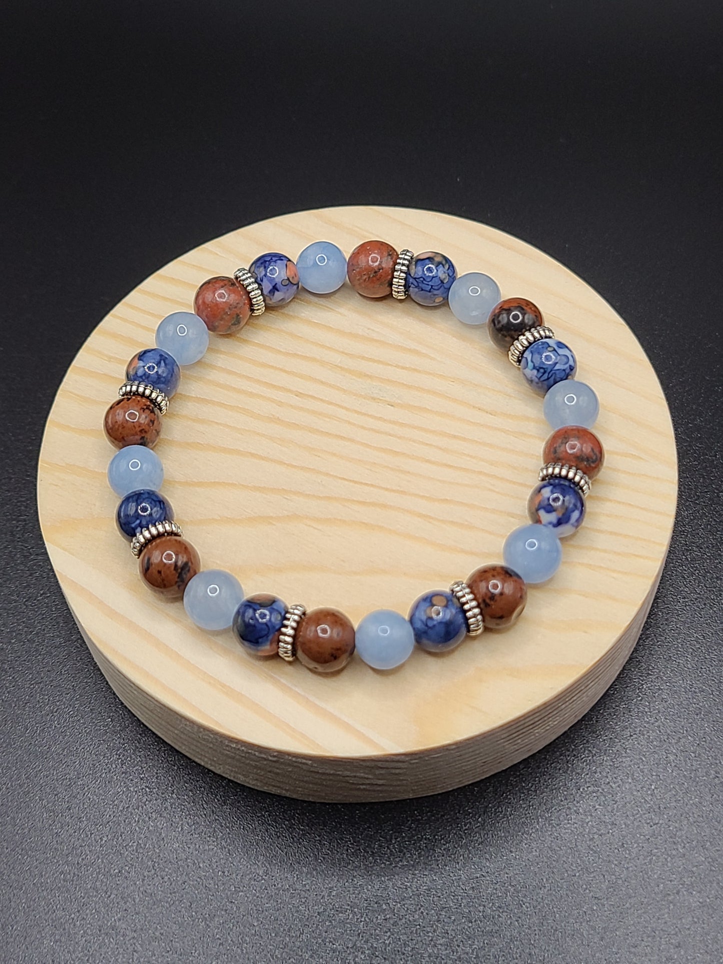 Blue Cherry Blossom Jade, Aquamarine and Mahogany Jasper Natural Gemstone Bracelet