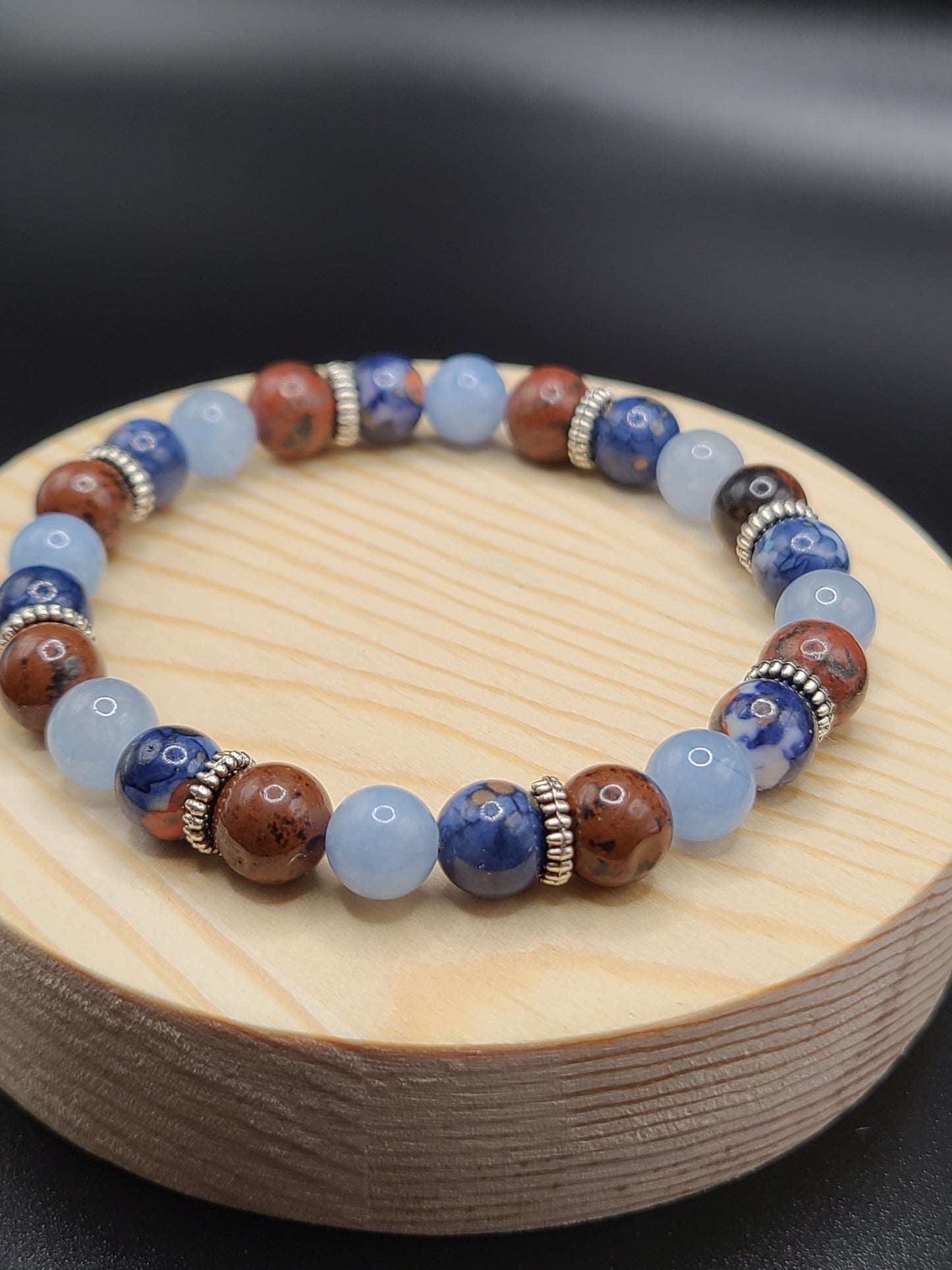 Blue Cherry Blossom Jade, Aquamarine and Mahogany Jasper Natural Gemstone Bracelet