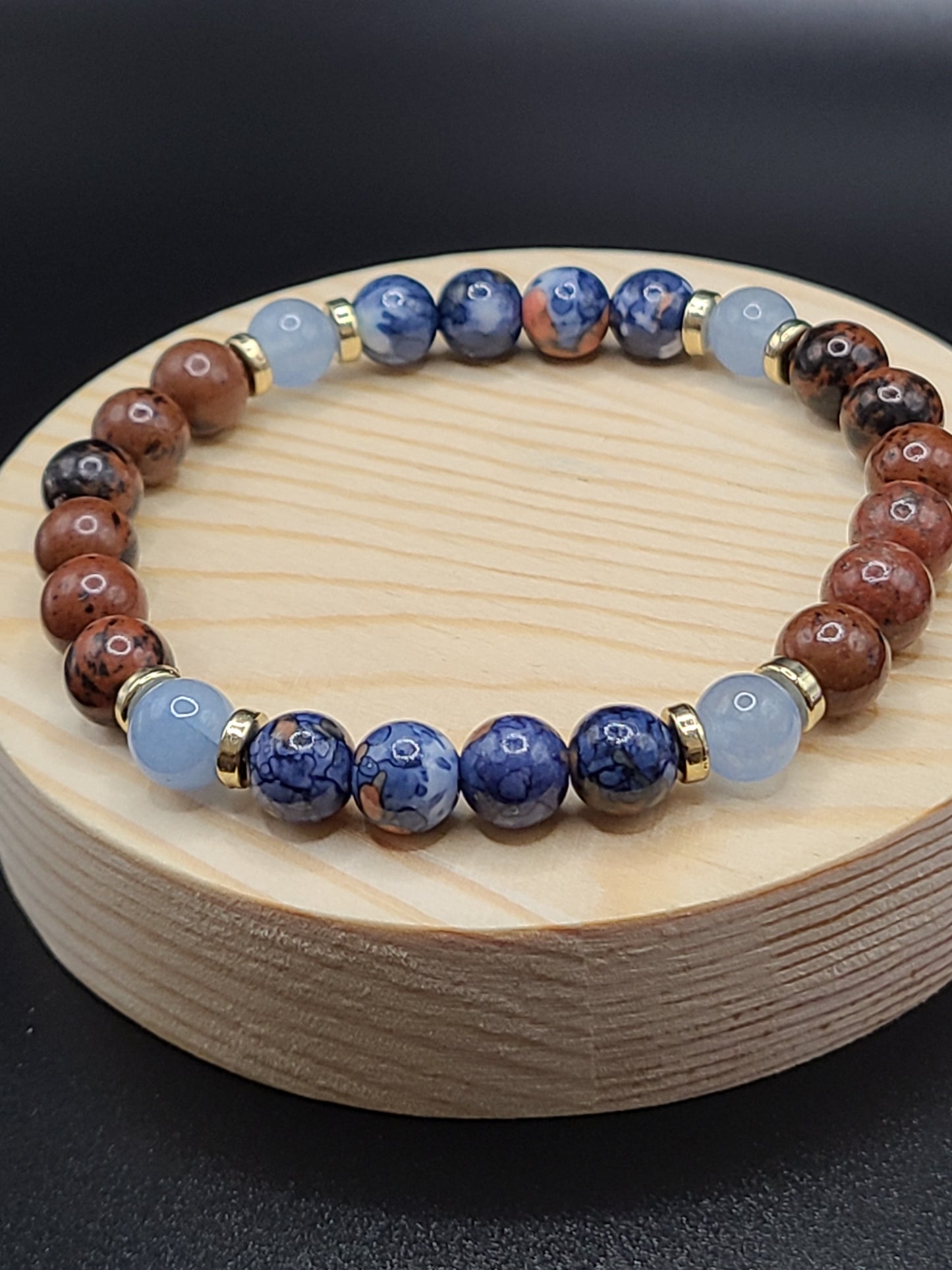 Mahogony Jasper, Blue Cherry Blossom Jade and Aquamarine Natural Gemstone Bracelet