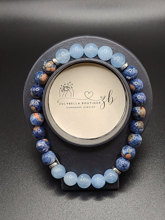 Blue Cherry Blossom Jade and Aquamarine 8mm Natural Gemstone Bracelet