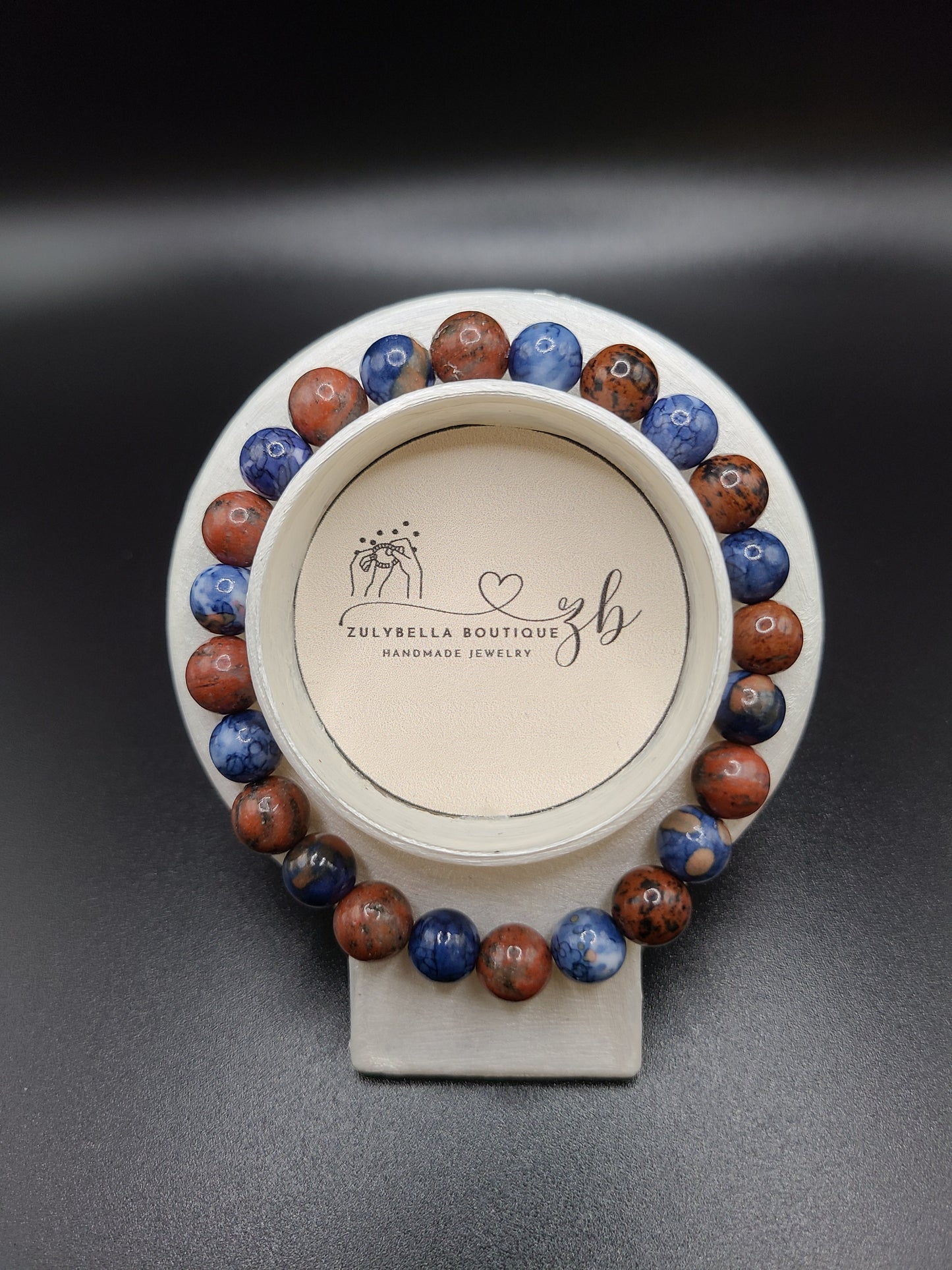 Blue Cherry Blossom Jade and Mahogany Jasper Natural Gemstone Bracelet