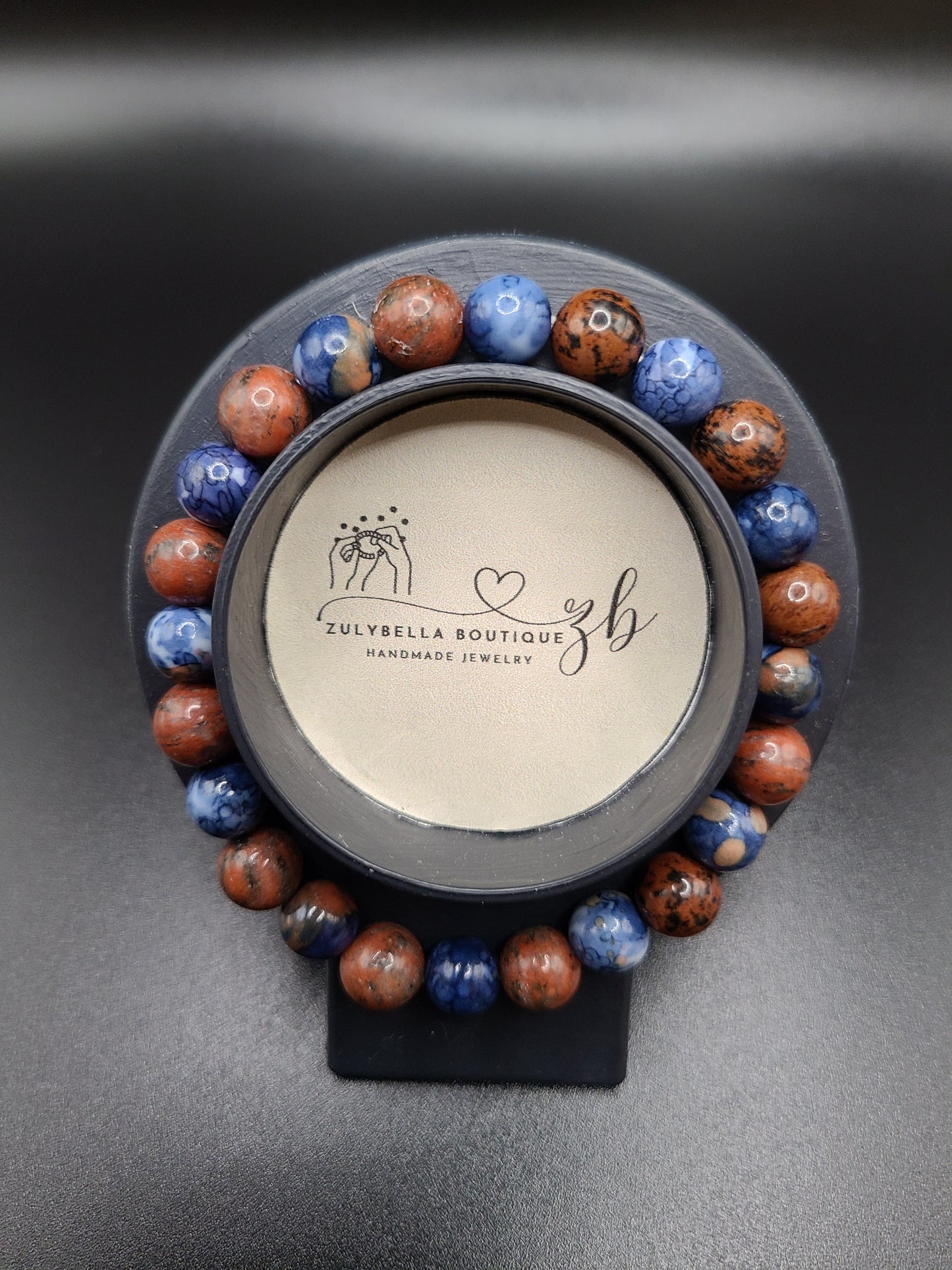 Blue Cherry Blossom Jade and Mahogany Jasper Natural Gemstone Bracelet