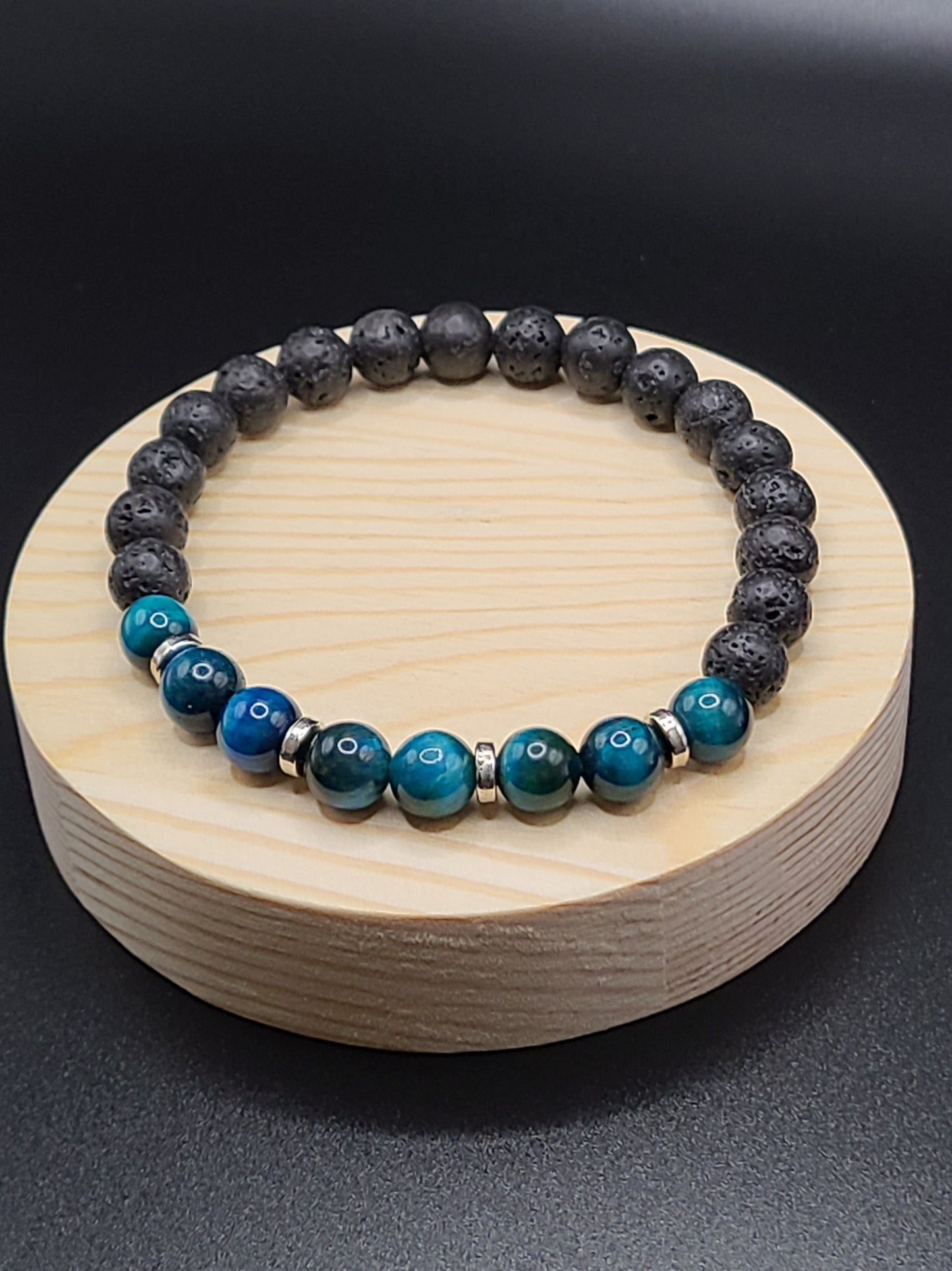 Peacock Tiger Eye and Lava Stone Natural Gemstone Bracelet with Silver tone ring spacers