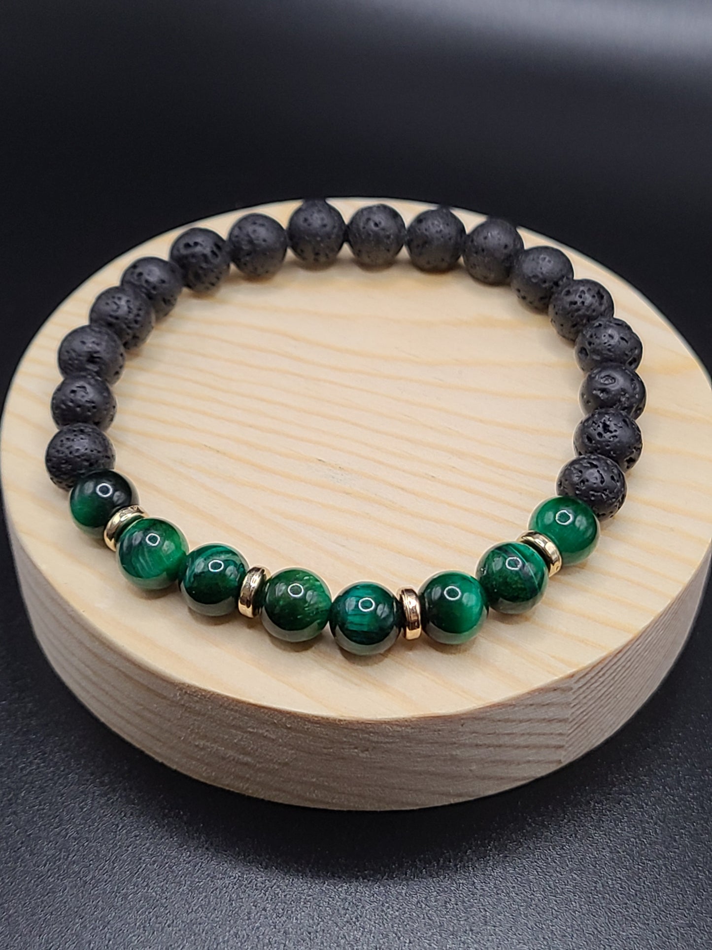 Green Tiger Eye and Lava Stone Natural Gemstone Bracelet with Gold Tone ring spacers