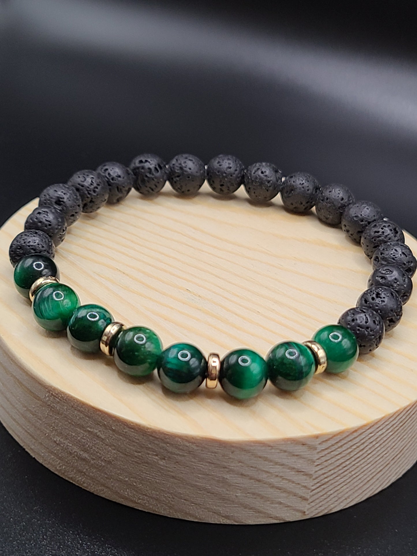 Green Tiger Eye and Lava Stone Natural Gemstone Bracelet with Gold Tone ring spacers