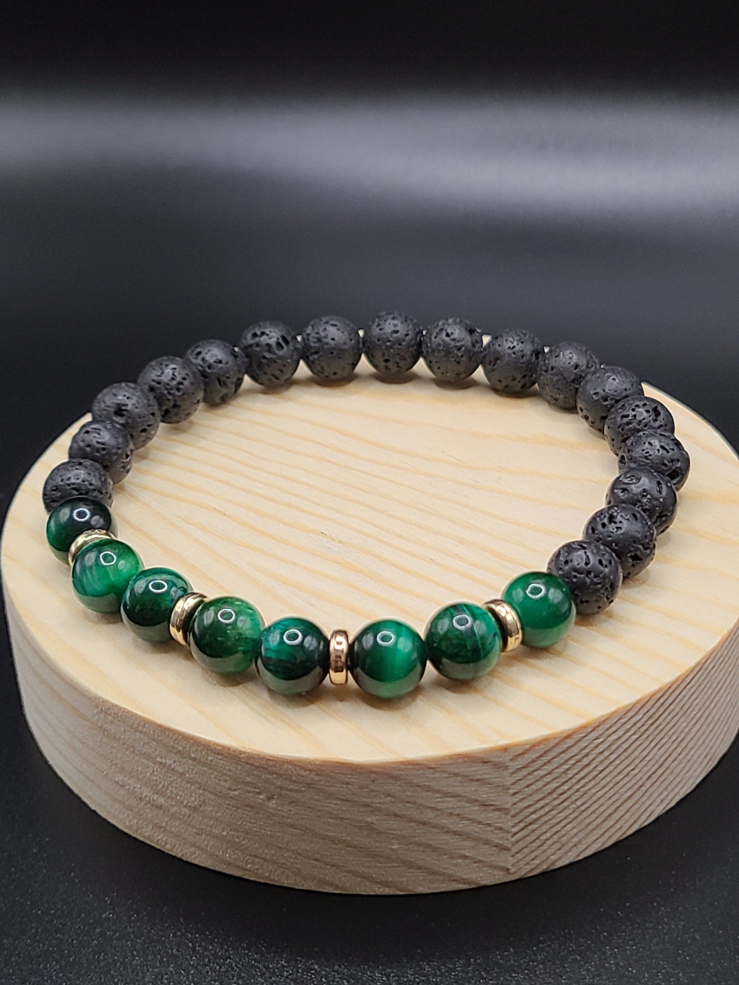 Green Tiger Eye and Lava Stone Natural Gemstone Bracelet with Gold Tone ring spacers