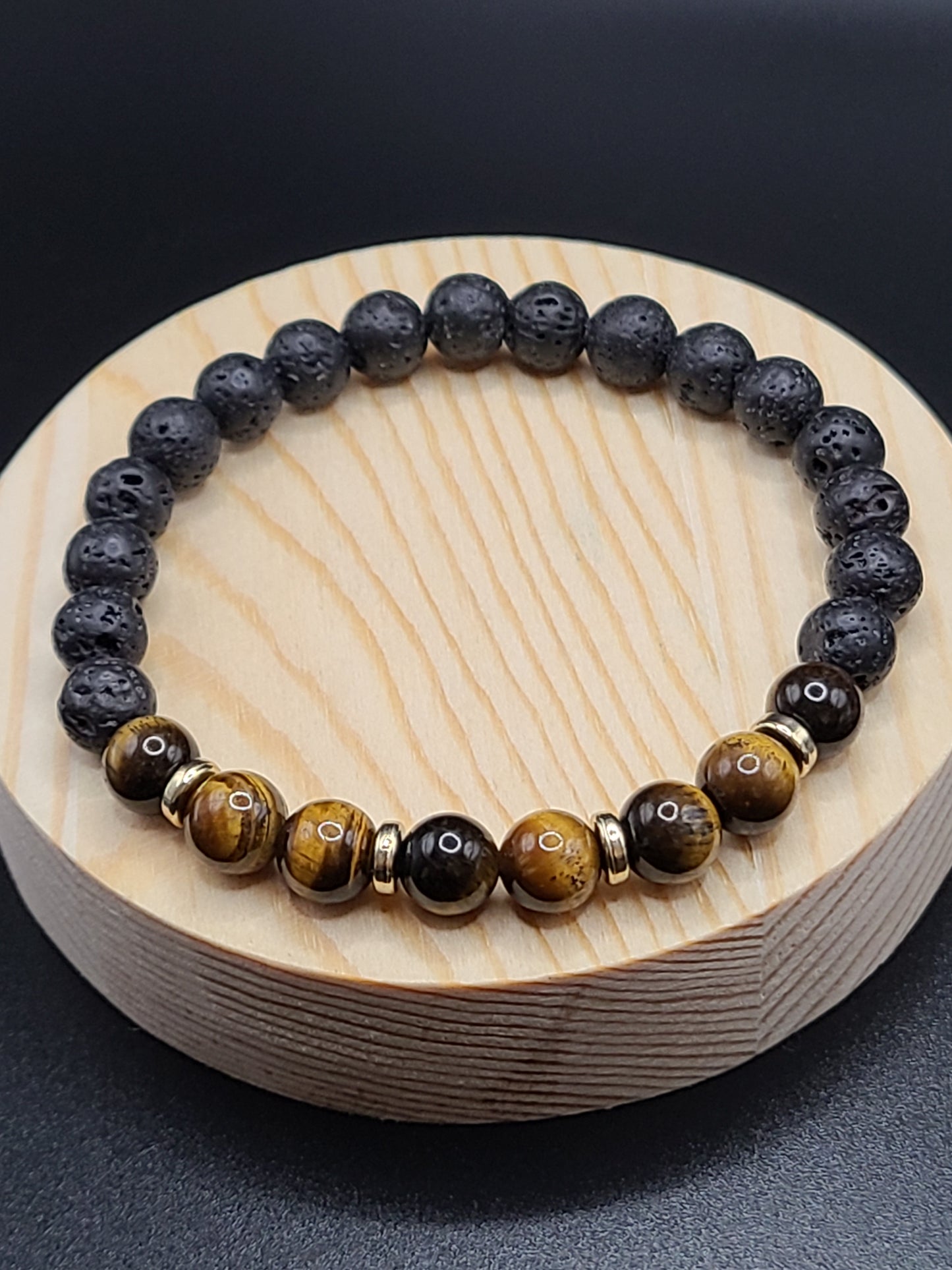 Tiger Eye and Lava Stone Natural Gemstone Bracelet with Gold tone Ring spacers