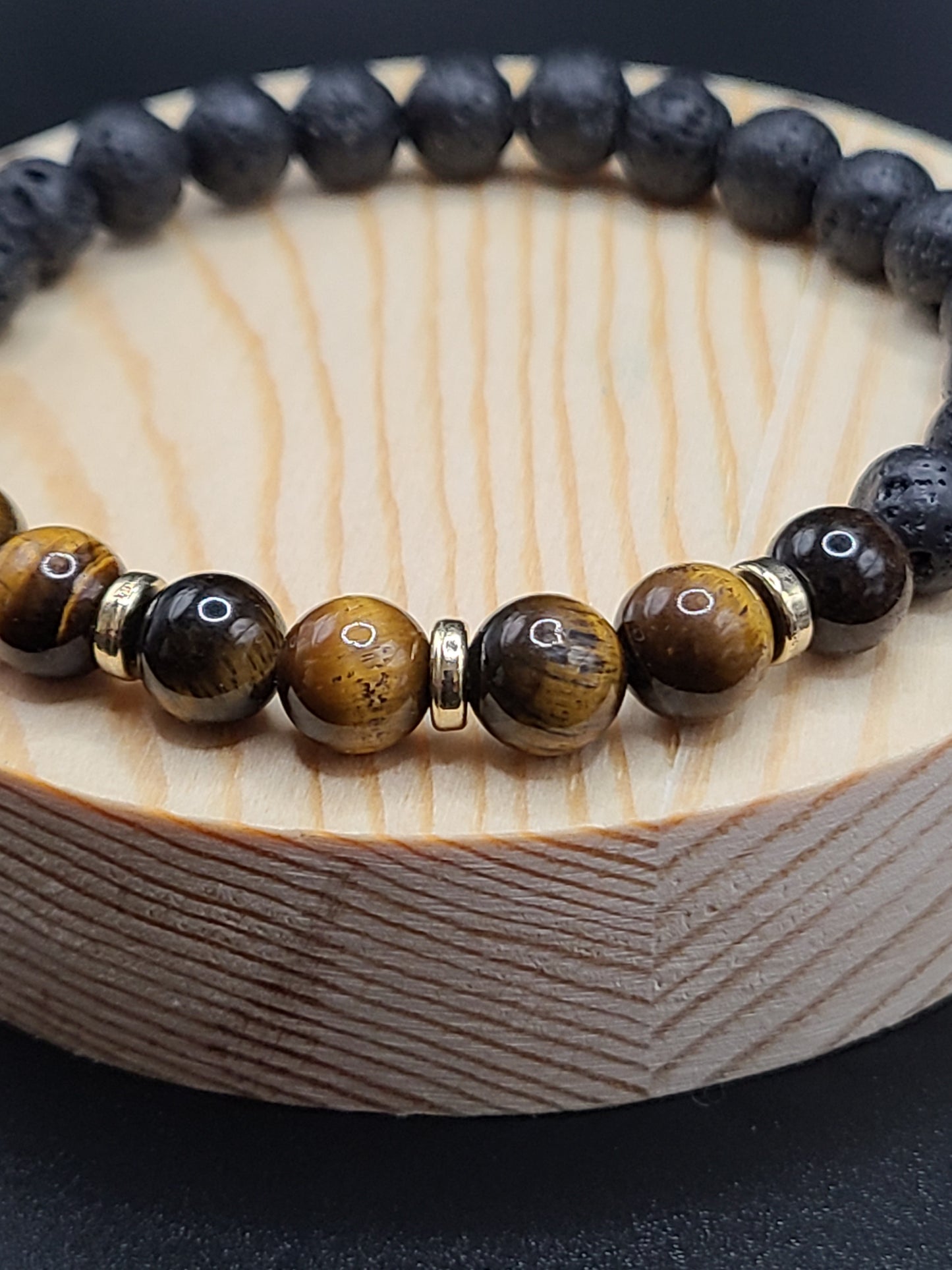 Tiger Eye and Lava Stone Natural Gemstone Bracelet with Gold tone Ring spacers