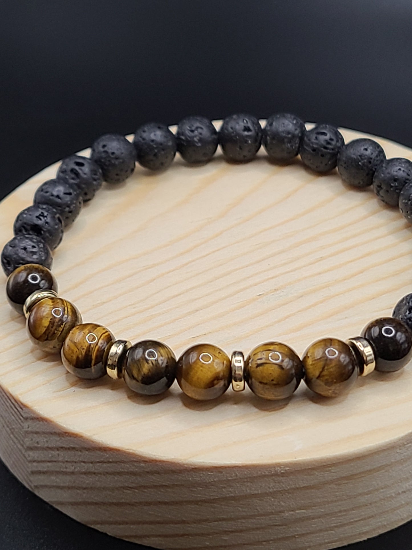 Tiger Eye and Lava Stone Natural Gemstone Bracelet with Gold tone Ring spacers