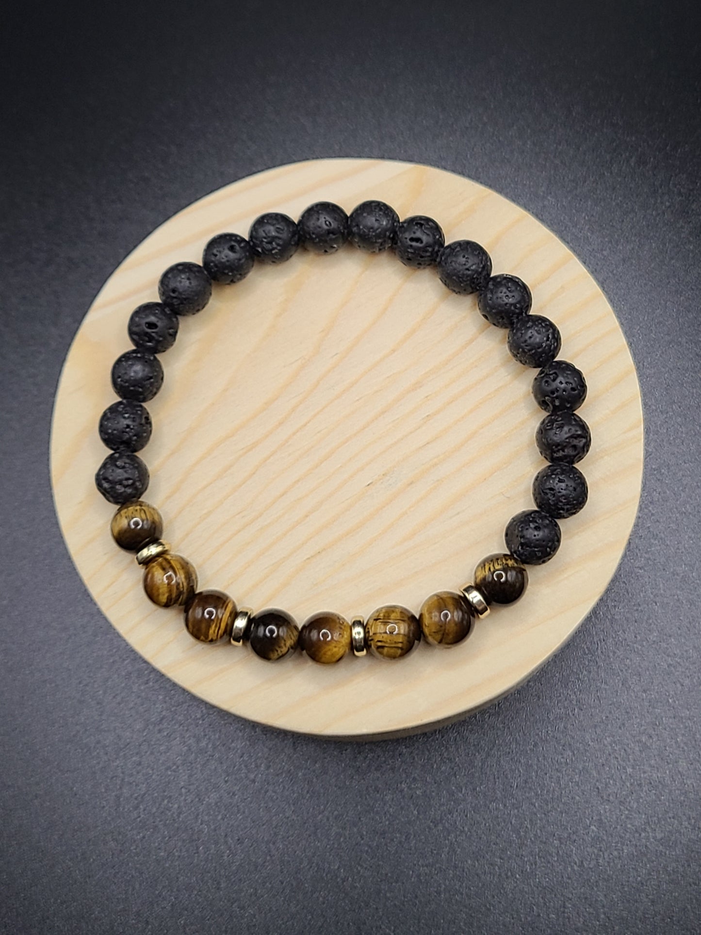 Tiger Eye and Lava Stone Natural Gemstone Bracelet with Gold tone Ring spacers