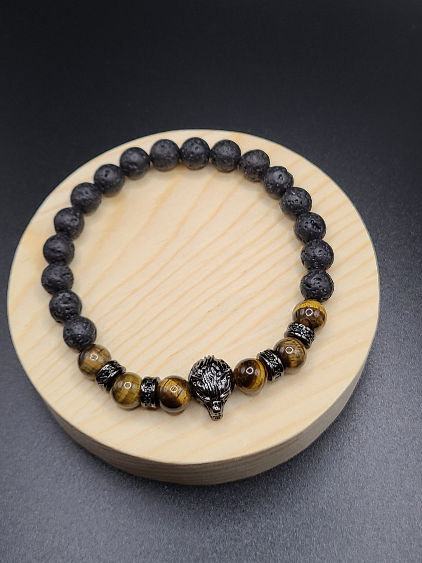 Tiger Eye and Lava Stone Natural Gemstone Bracelet with Wolf Head Spacer