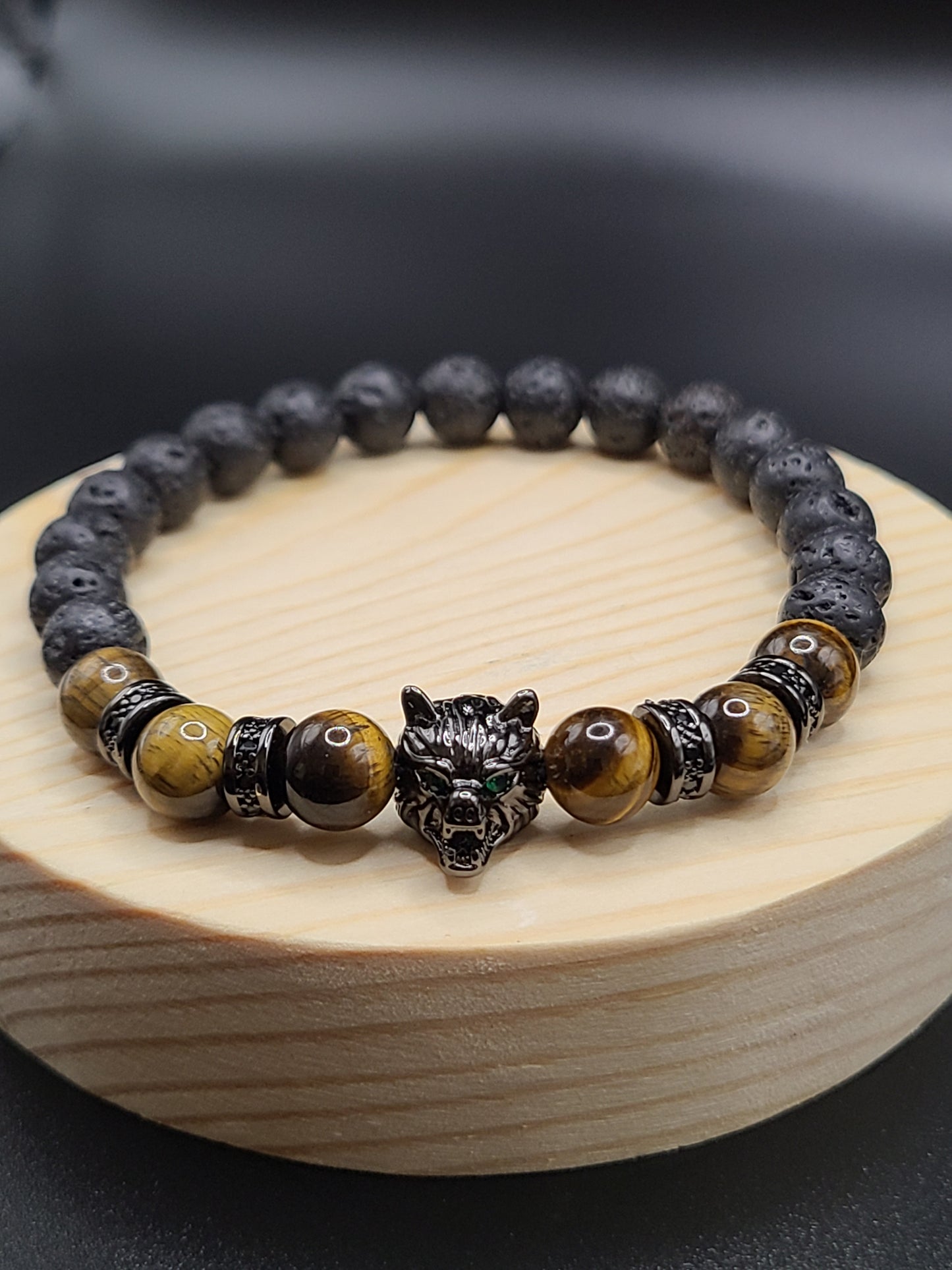 Tiger Eye and Lava Stone Natural Gemstone Bracelet with Wolf Head Spacer