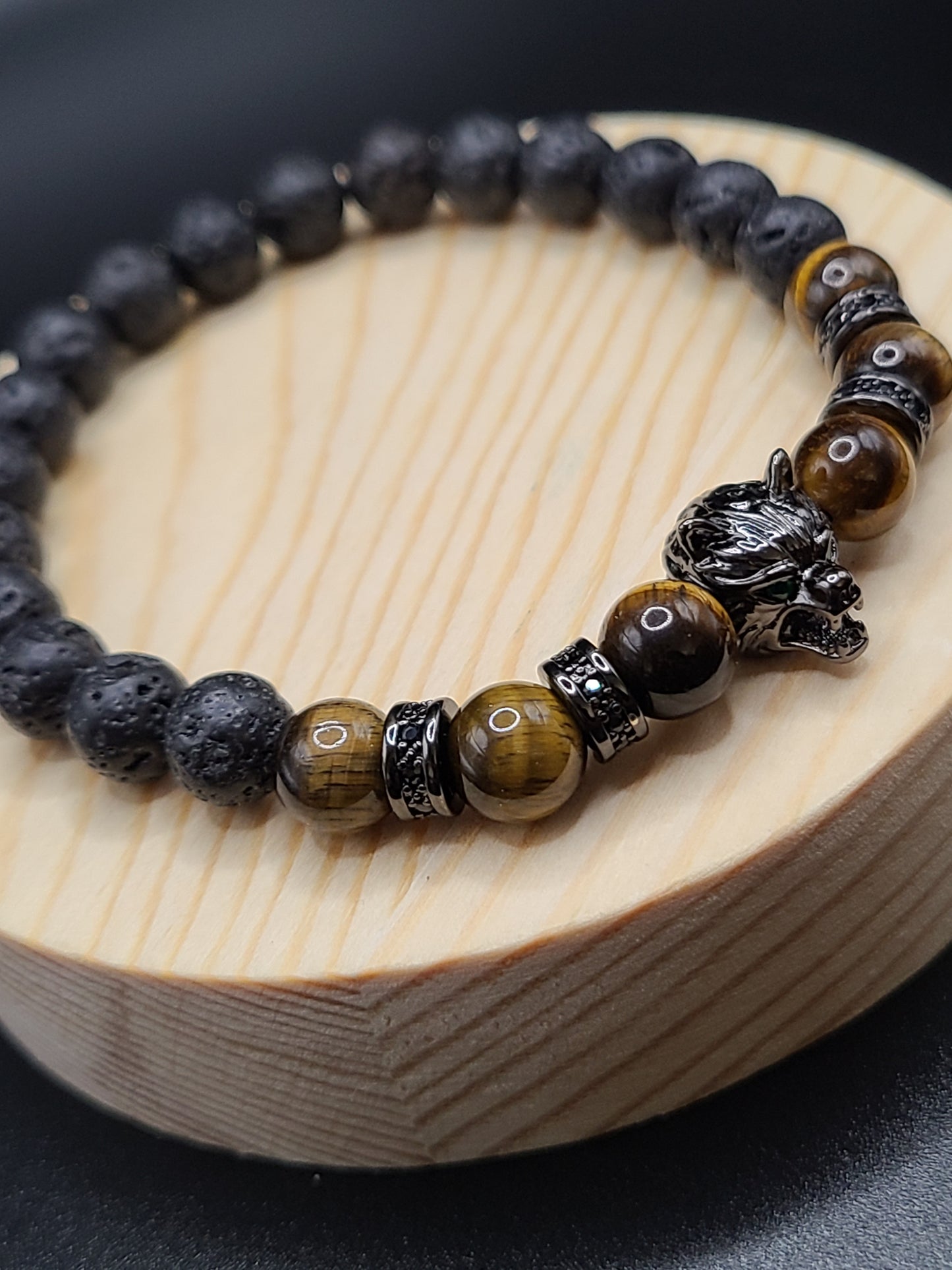 Tiger Eye and Lava Stone Natural Gemstone Bracelet with Wolf Head Spacer