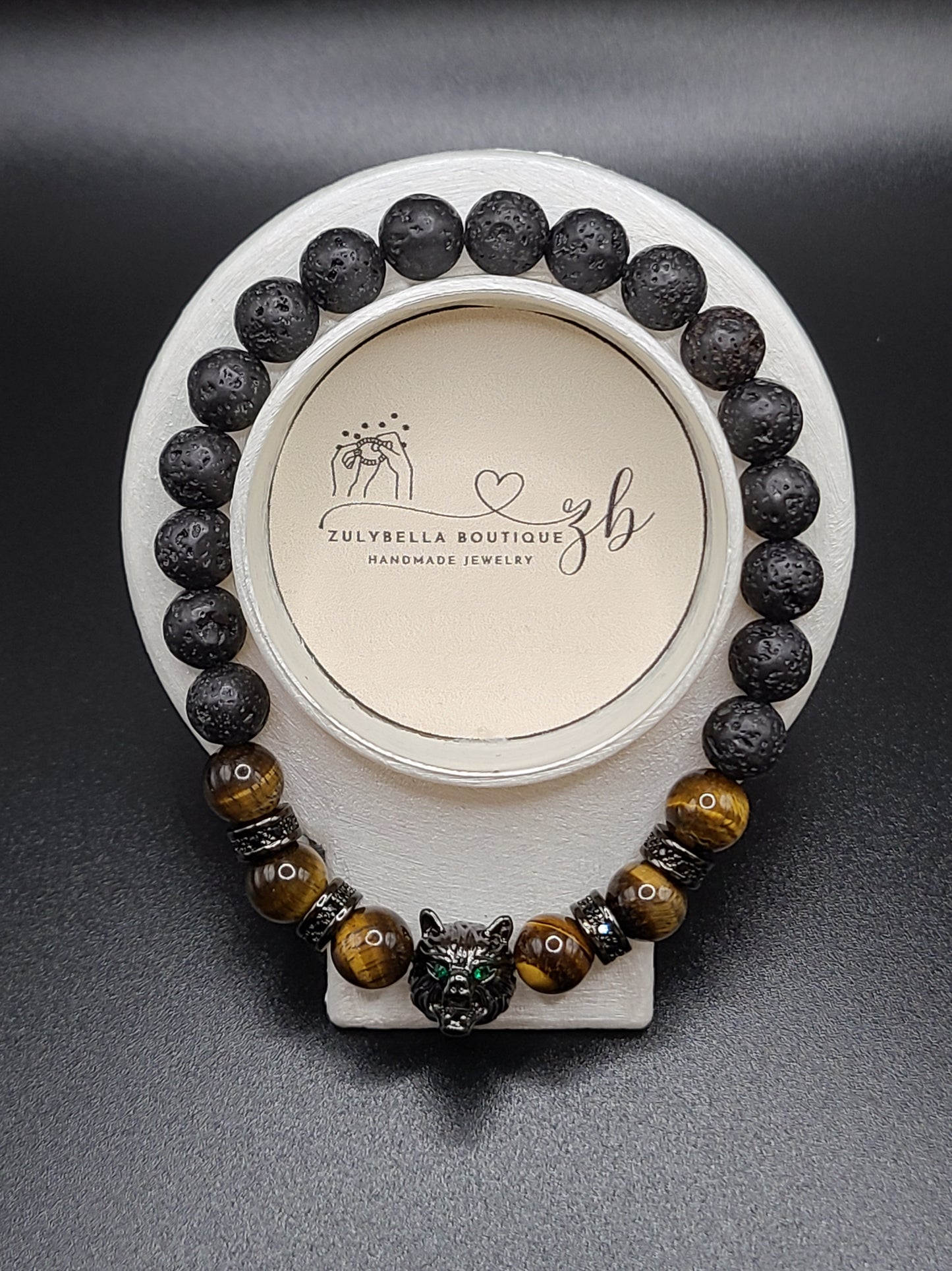 Tiger Eye and Lava Stone Natural Gemstone Bracelet with Wolf Head Spacer