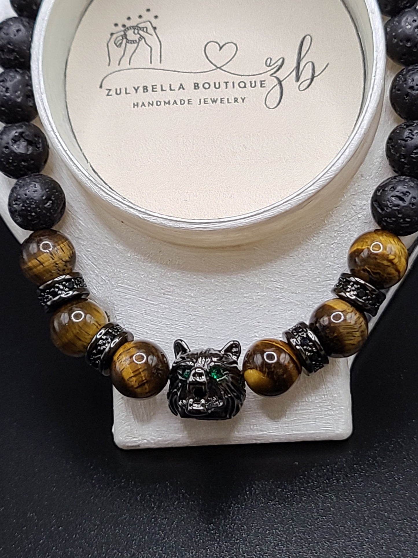 Tiger Eye and Lava Stone Natural Gemstone Bracelet with Wolf Head Spacer