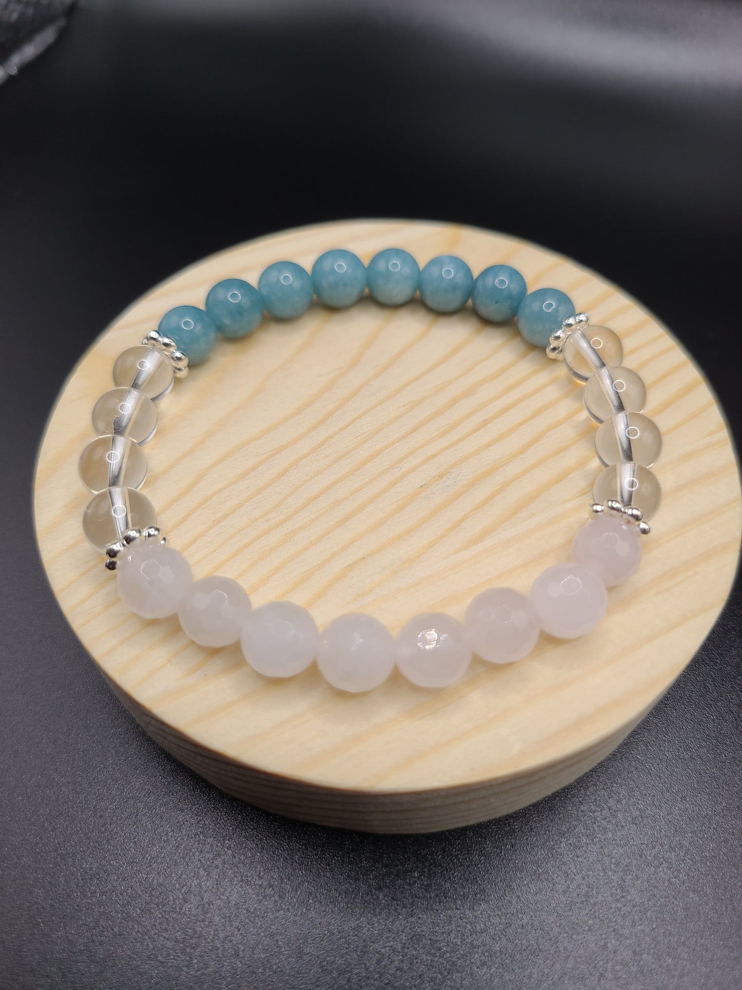 Faceted Rose Quartz, Clear Quartz, and Aquamarine Natural Gemstone Bracelet