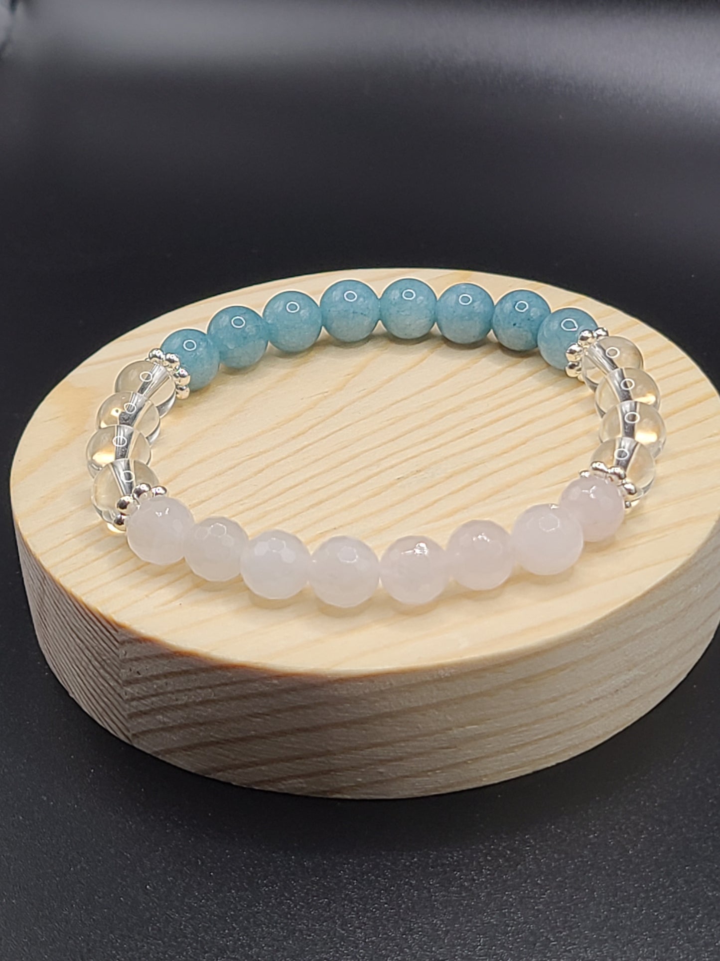 Faceted Rose Quartz, Clear Quartz, and Aquamarine Natural Gemstone Bracelet