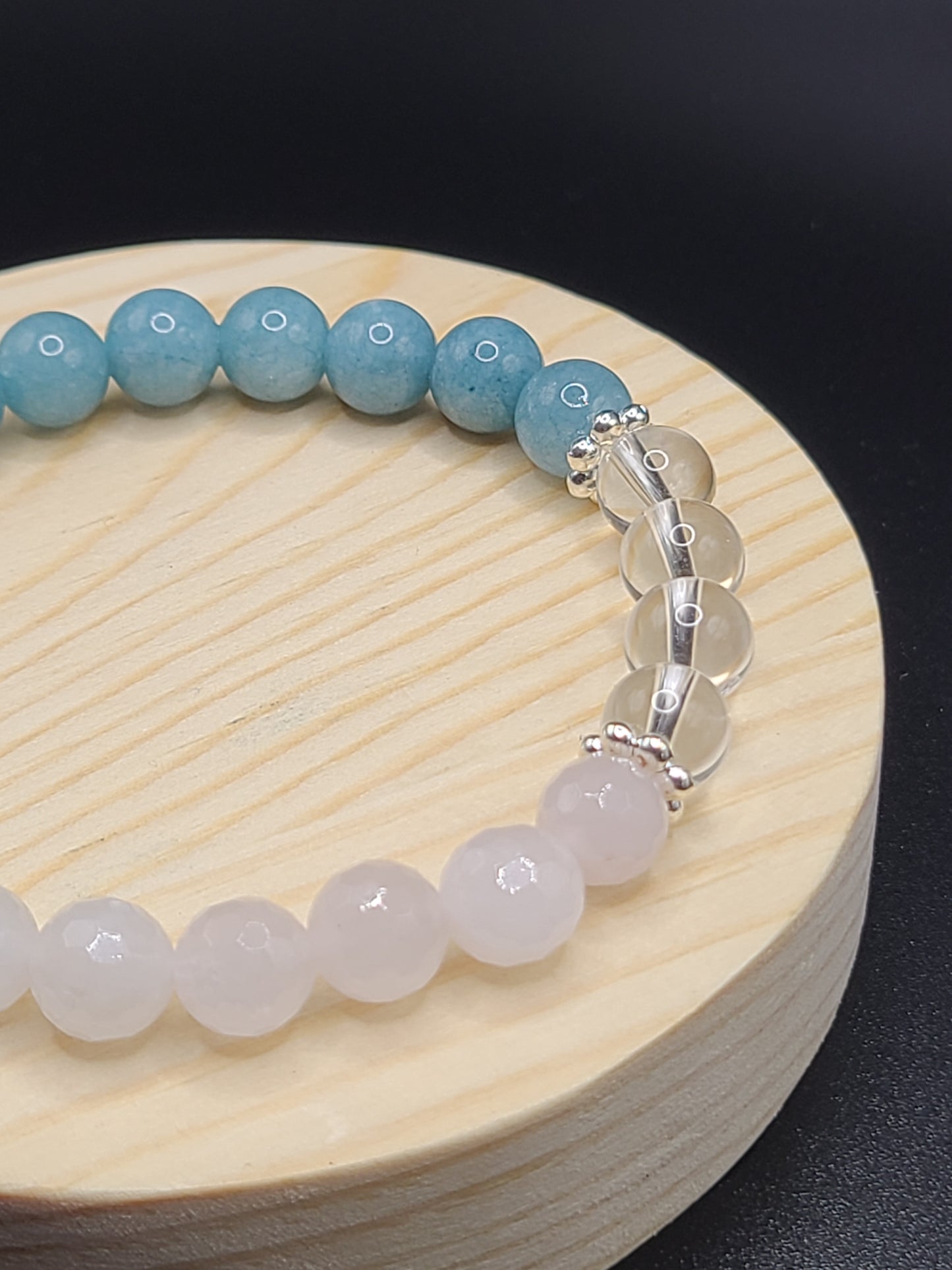 Faceted Rose Quartz, Clear Quartz, and Aquamarine Natural Gemstone Bracelet