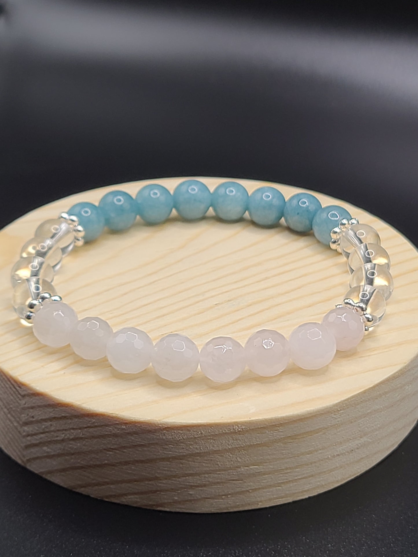 Faceted Rose Quartz, Clear Quartz, and Aquamarine Natural Gemstone Bracelet