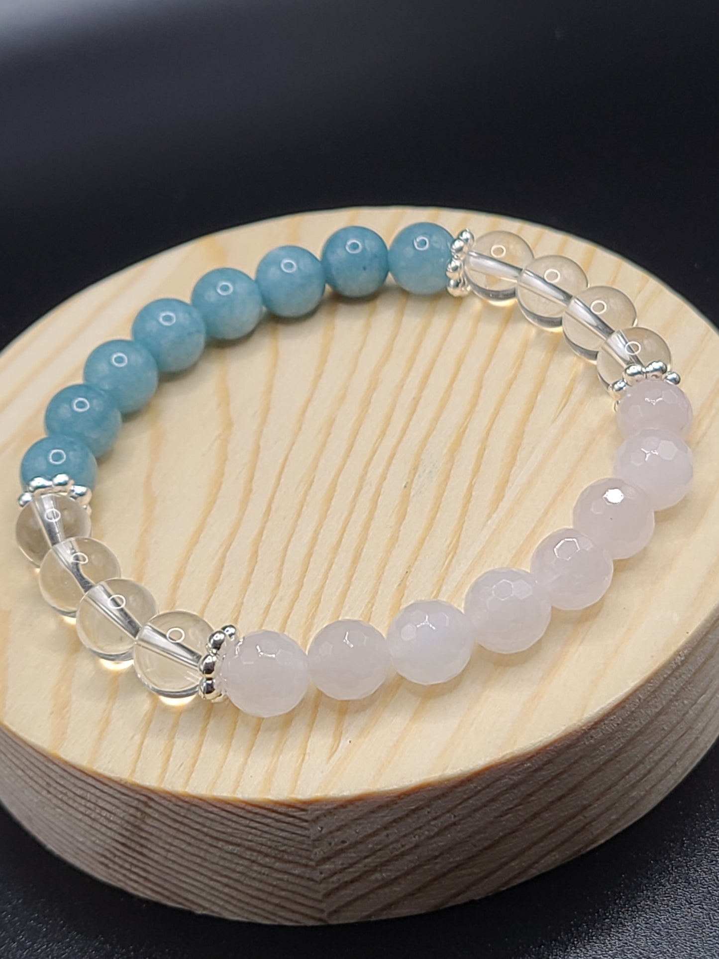 Faceted Rose Quartz, Clear Quartz, and Aquamarine Natural Gemstone Bracelet