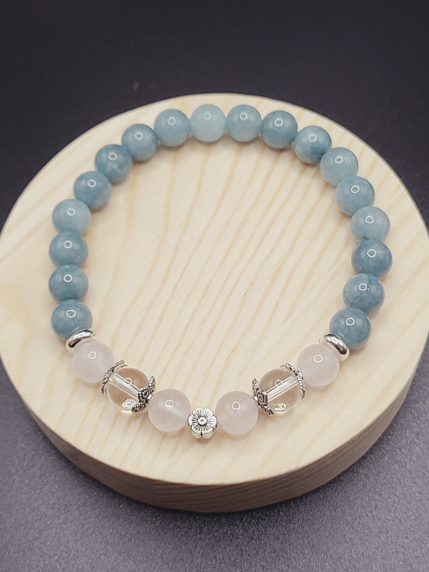 Rose Quartz, Clear Quartz and Aquamarine Natural Gemstone Bracelet with Flower spacer