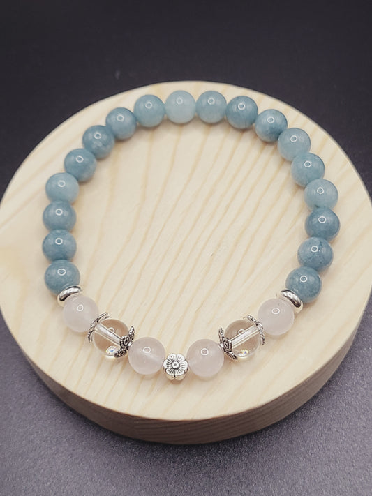 Rose Quartz, Clear Quartz and Aquamarine Natural Gemstone Bracelet with Flower spacer