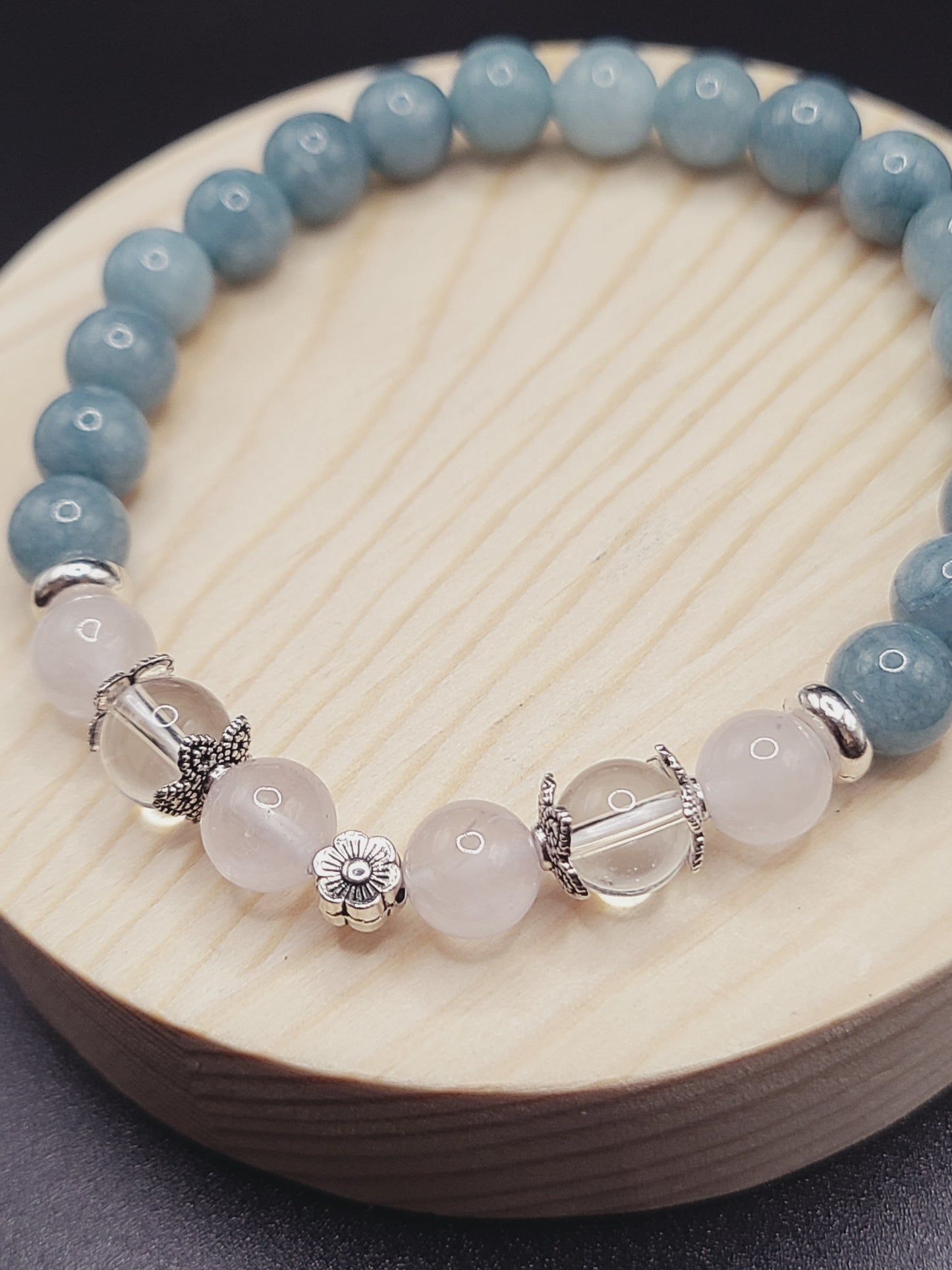 Rose Quartz, Clear Quartz and Aquamarine Natural Gemstone Bracelet with Flower spacer