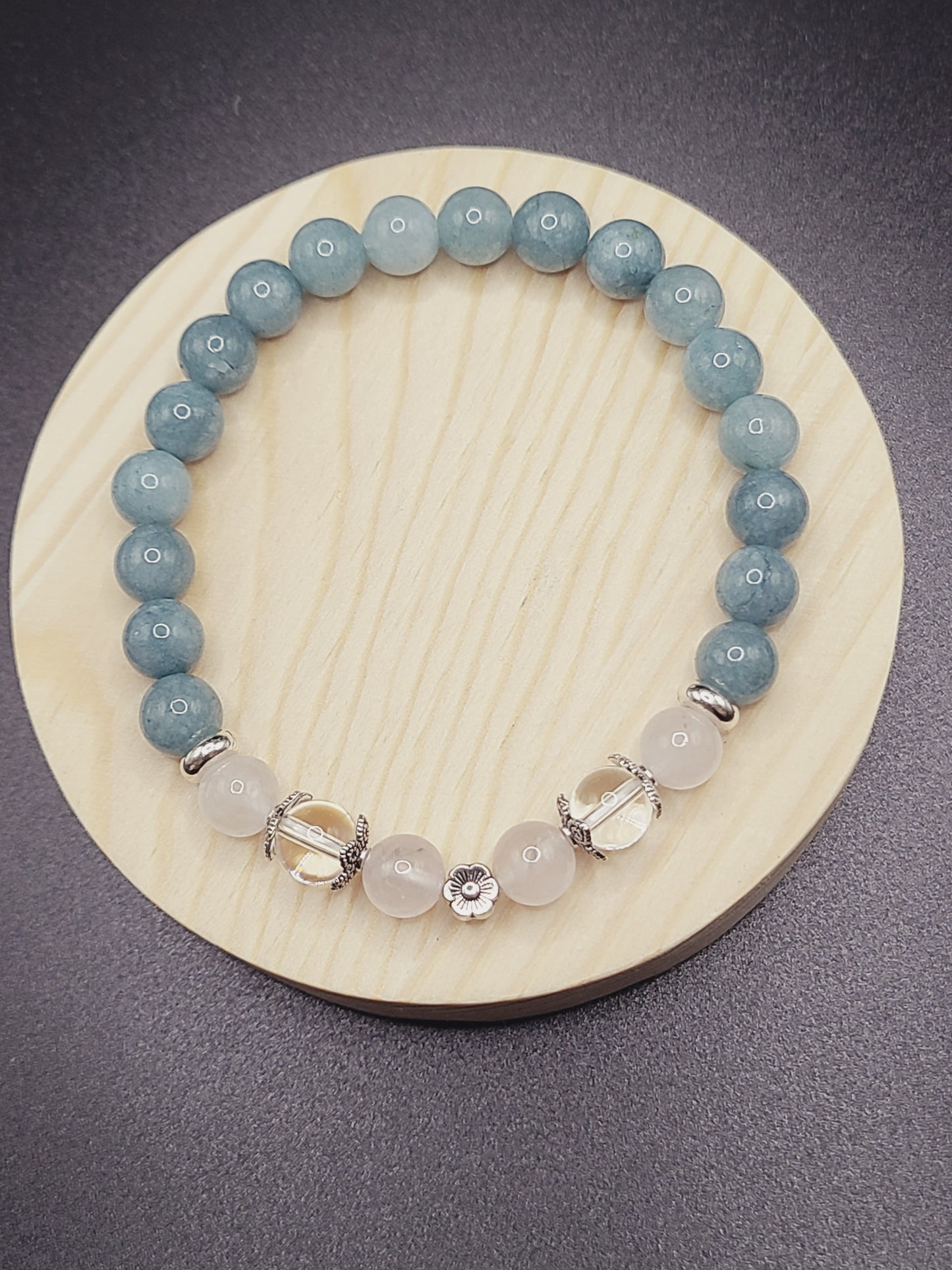 Rose Quartz, Clear Quartz and Aquamarine Natural Gemstone Bracelet with Flower spacer