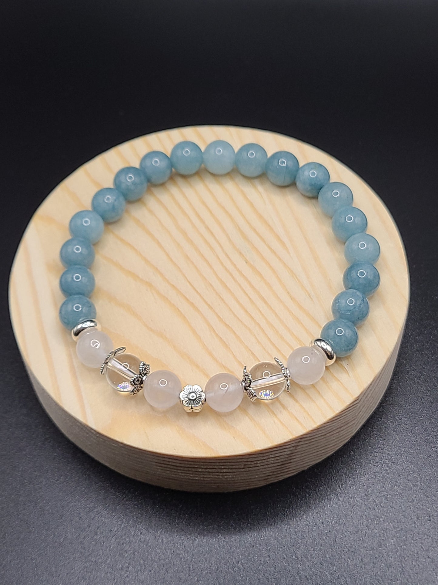 Rose Quartz, Clear Quartz and Aquamarine Natural Gemstone Bracelet with Flower spacer