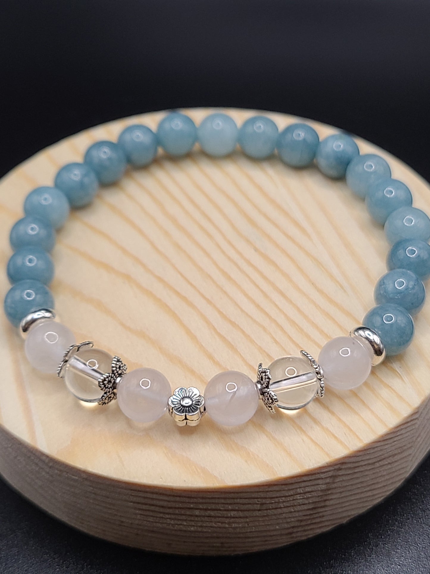 Rose Quartz, Clear Quartz and Aquamarine Natural Gemstone Bracelet with Flower spacer