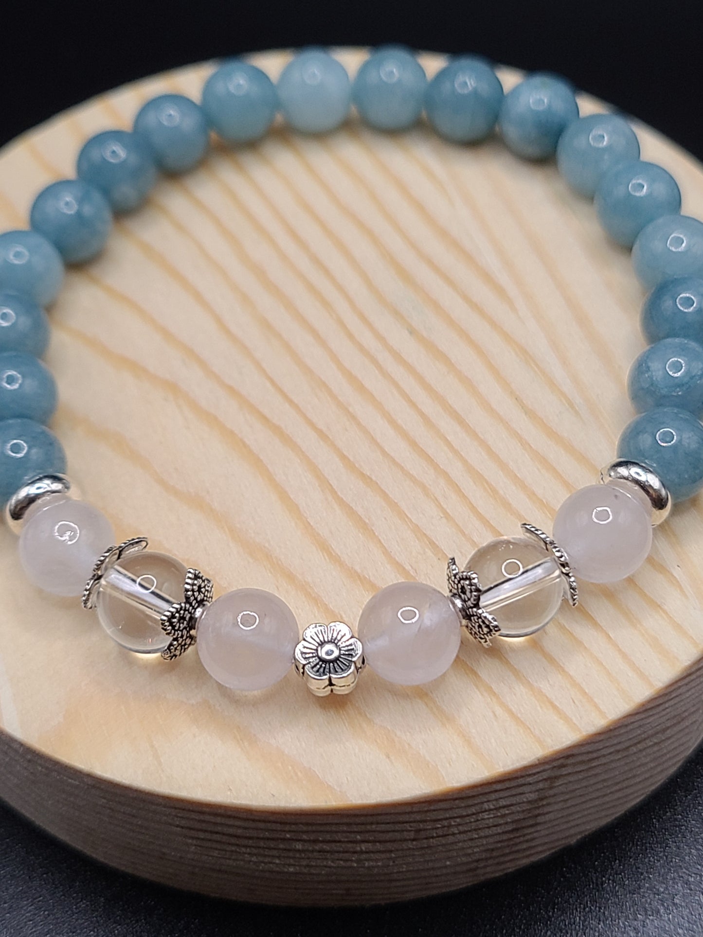 Rose Quartz, Clear Quartz and Aquamarine Natural Gemstone Bracelet with Flower spacer